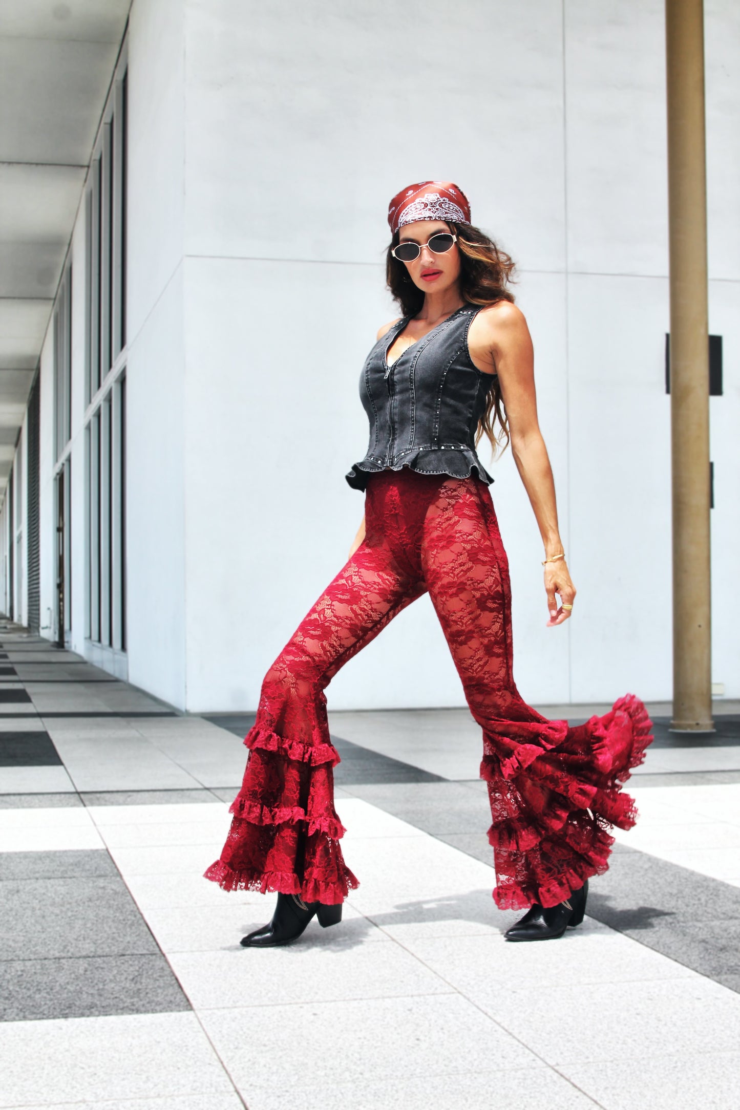 DANGEROUS sheer + full lace + tiered ruffle ultra bell bottoms, XS >> deep maroon
