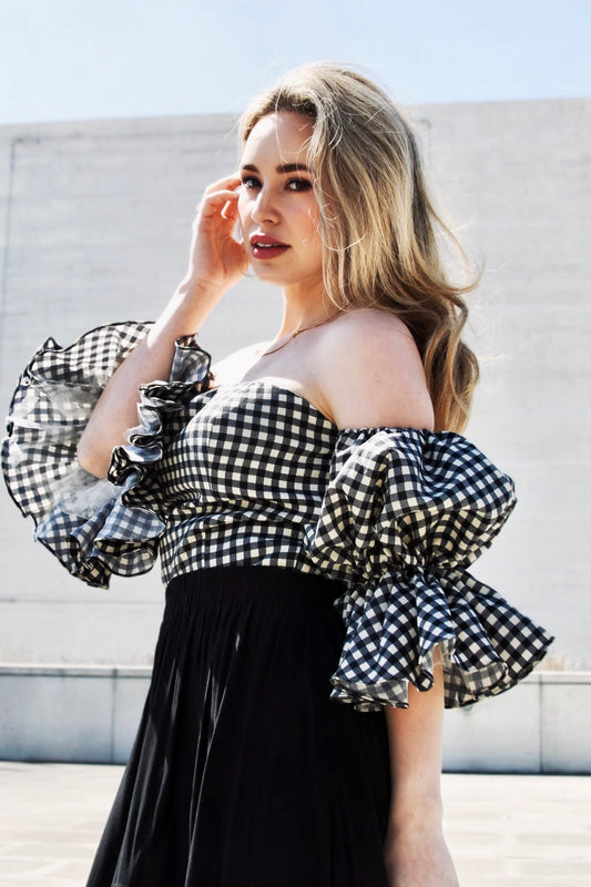 GINGHAM GLEAM ultra puff sleeve + gingham crop top, large >> black & white