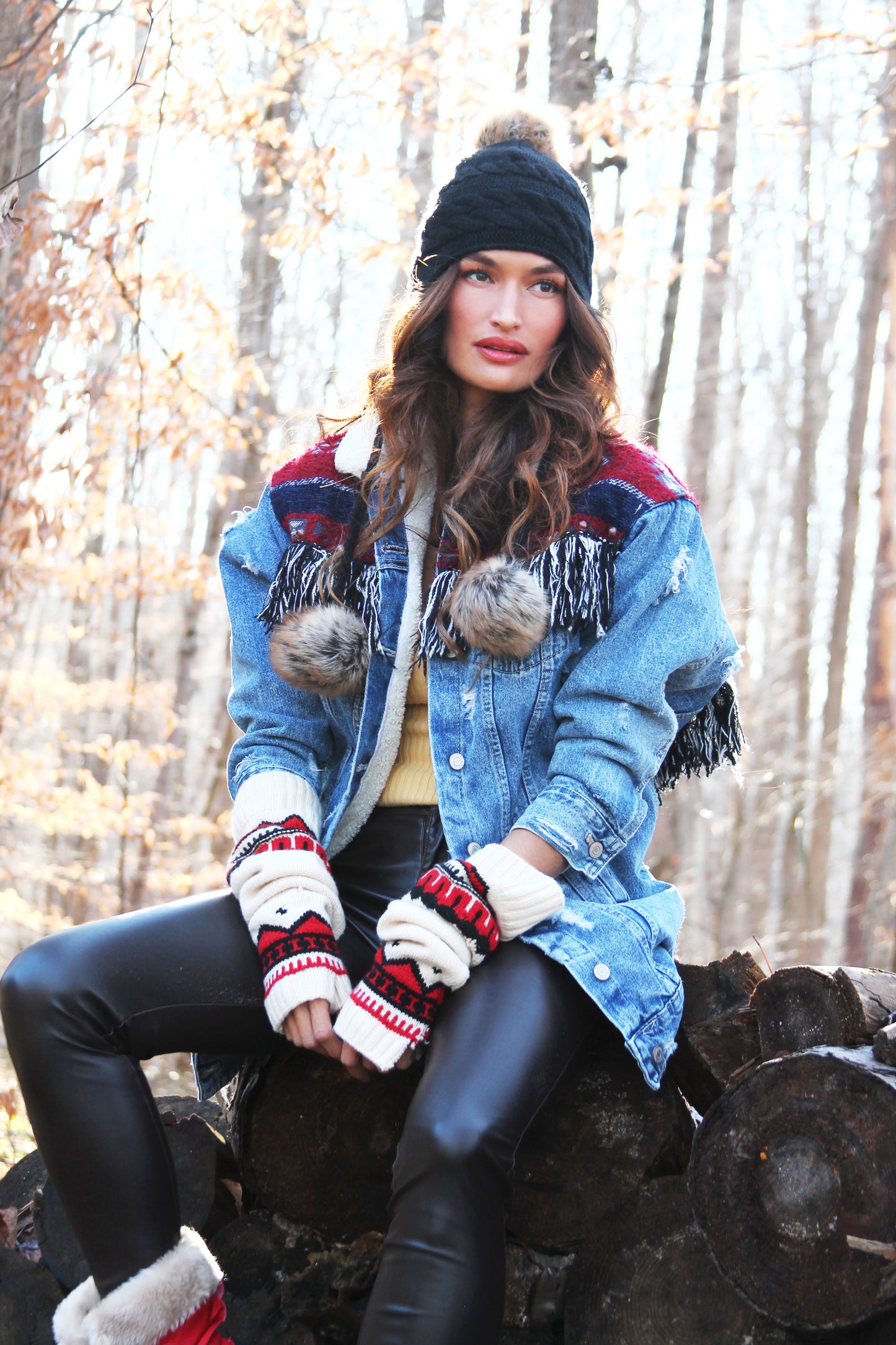 REINDEER GAMES distressed denim jacket w/ fringe + tribal patchwork, size small
