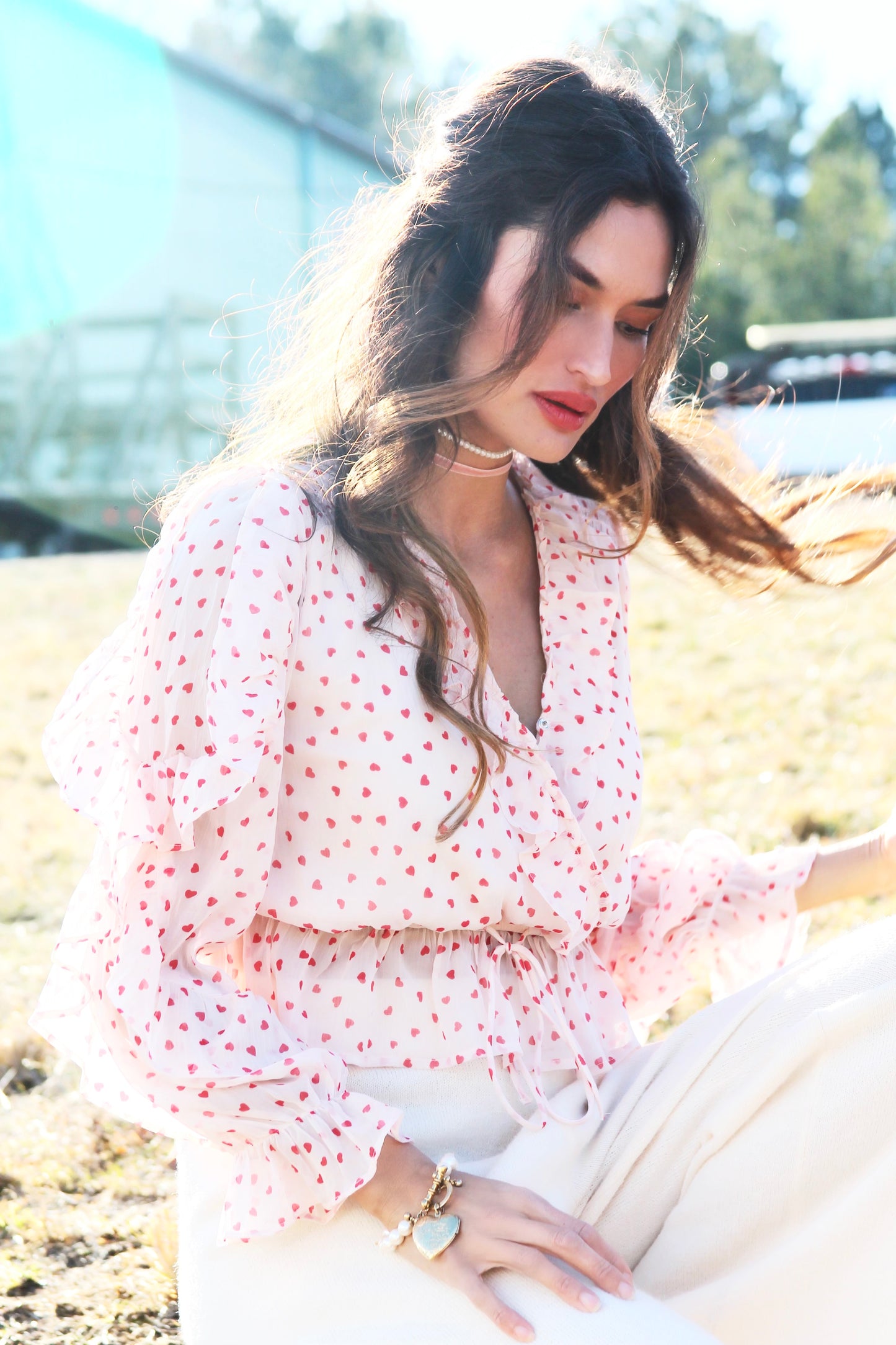 HEART STRINGS sheer + ruffle heart polka dot top, large
