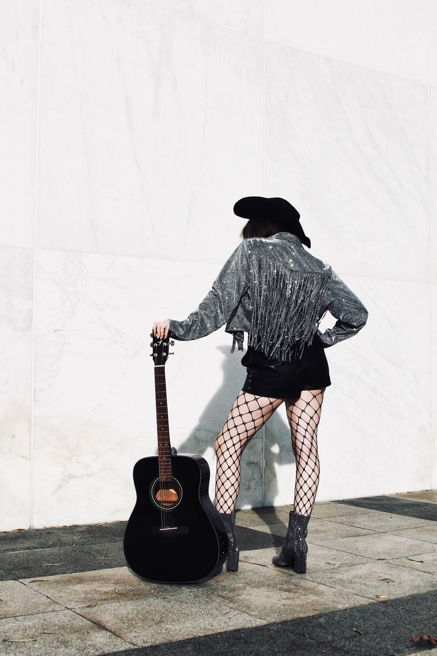 REBEL SPIRIT silver sparkle + tassel-fringe jacket, XL *FOXY FAVE* >> gunmetal grey