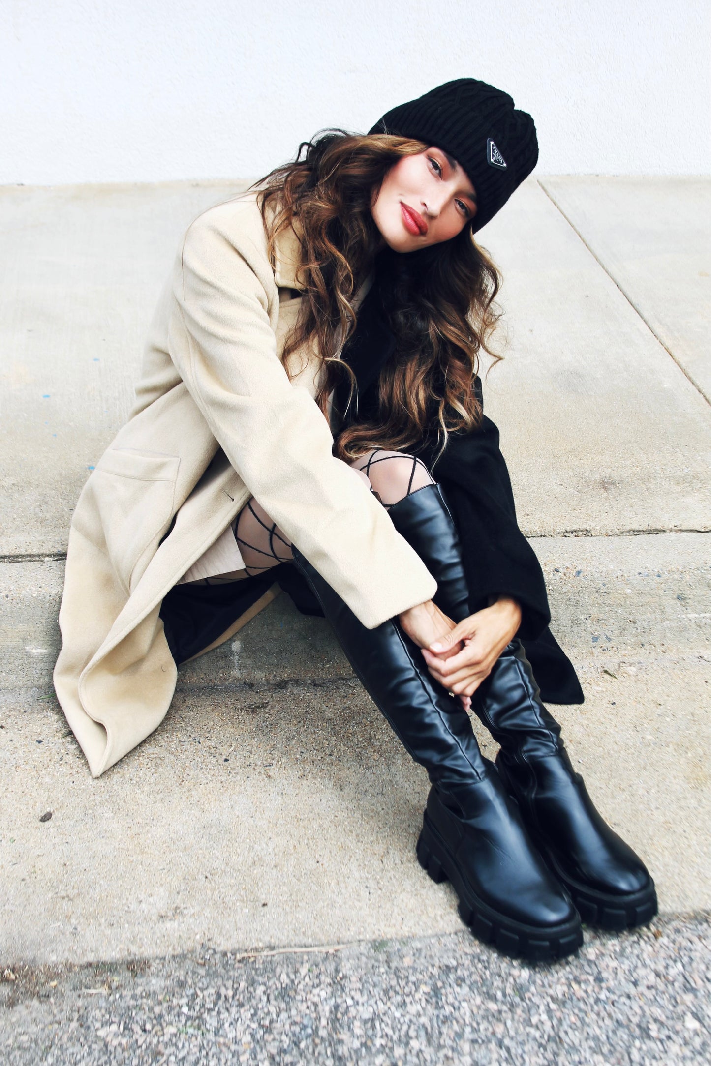 DOUBLE TROUBLE color block overcoat, size L/XL >> camel + black