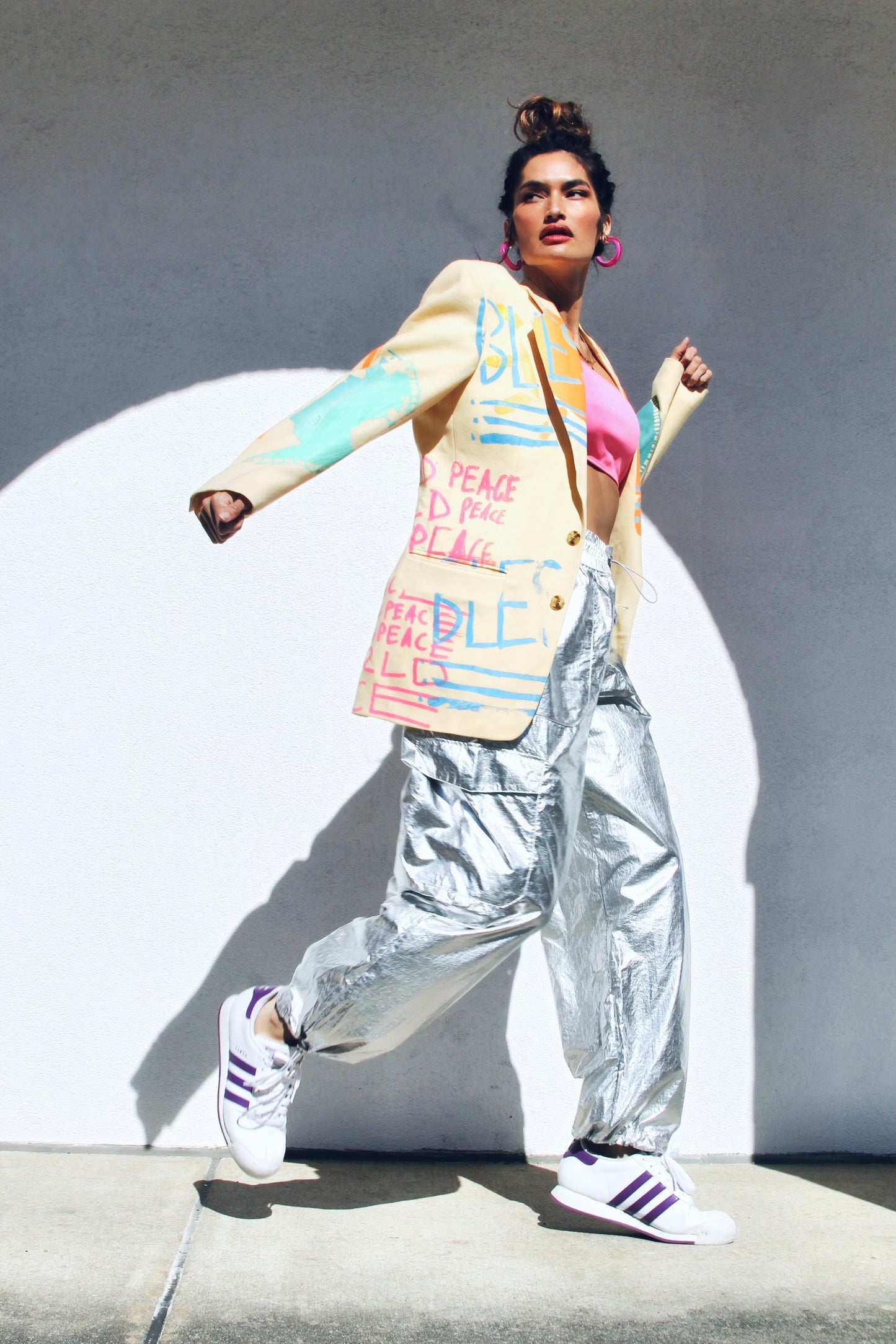 WORLD PEACE painted blazer *VINTAGE + HAND PAINTED + MADE IN THE USA* >> butter yellow + multi-colored graphics