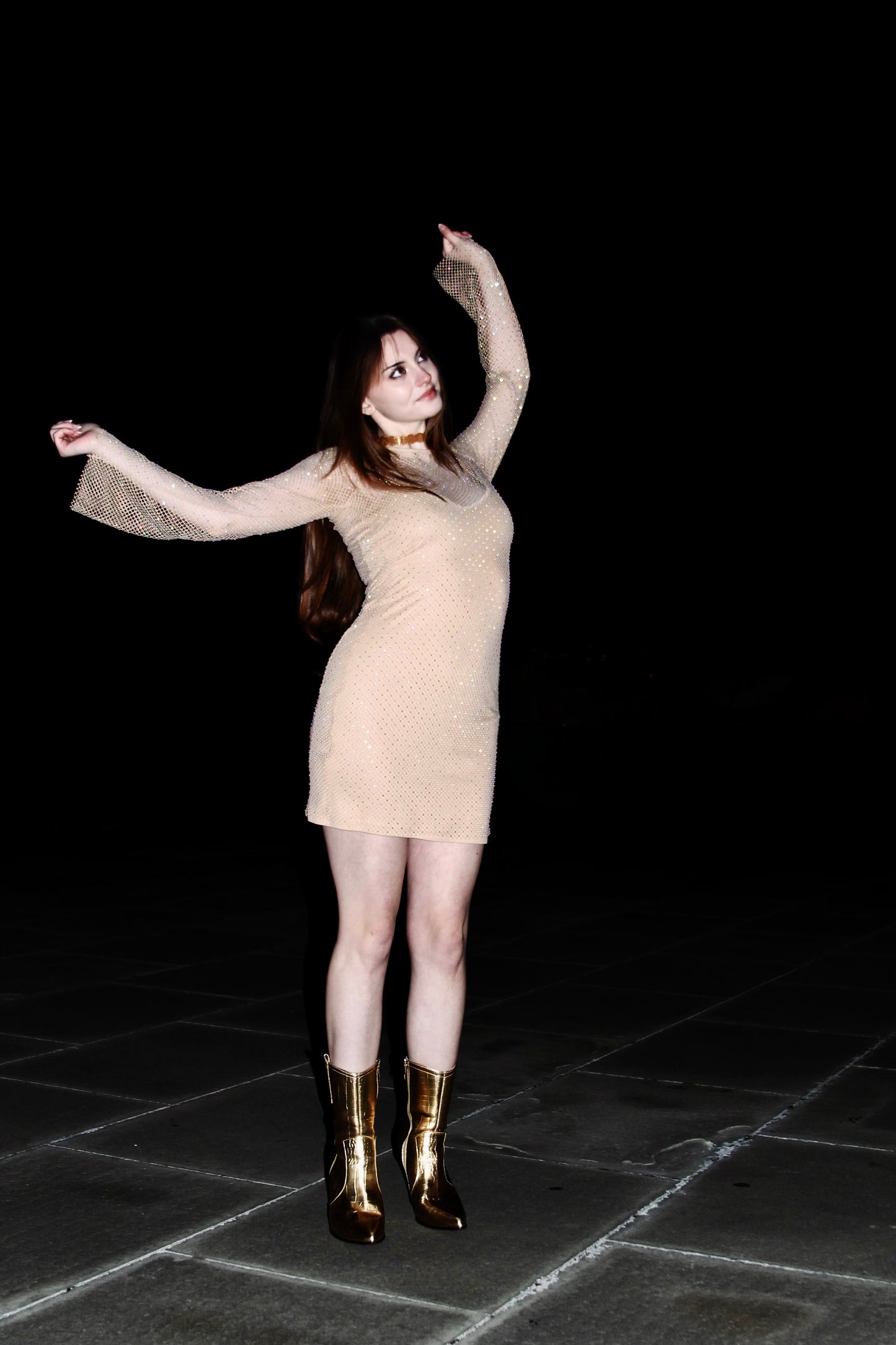 PICSES SZN 3.0 rhinestone + mesh + bell sleeve mini dress, small >> nude