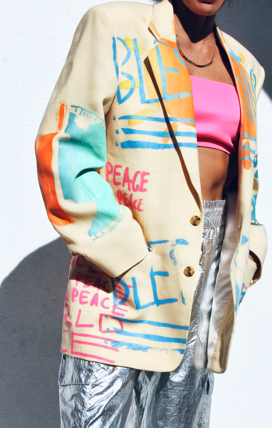 WORLD PEACE painted blazer *VINTAGE + HAND PAINTED + MADE IN THE USA* >> butter yellow + multi-colored graphics