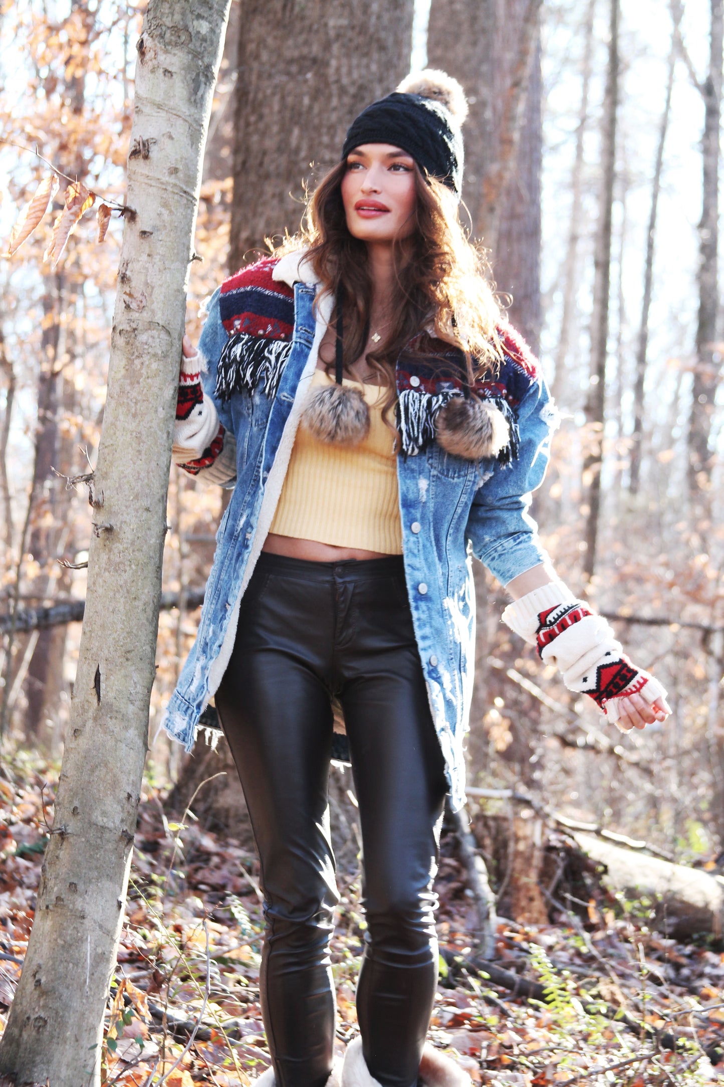 REINDEER GAMES distressed denim jacket w/ fringe + tribal patchwork, size small