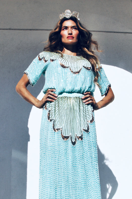 OTHER WORLDLY pure silk + hand beaded + fully sequined set, size medium *TRUE VINTAGE + 100% SILK* >> aquamarine + goldenrod sequins + pearls