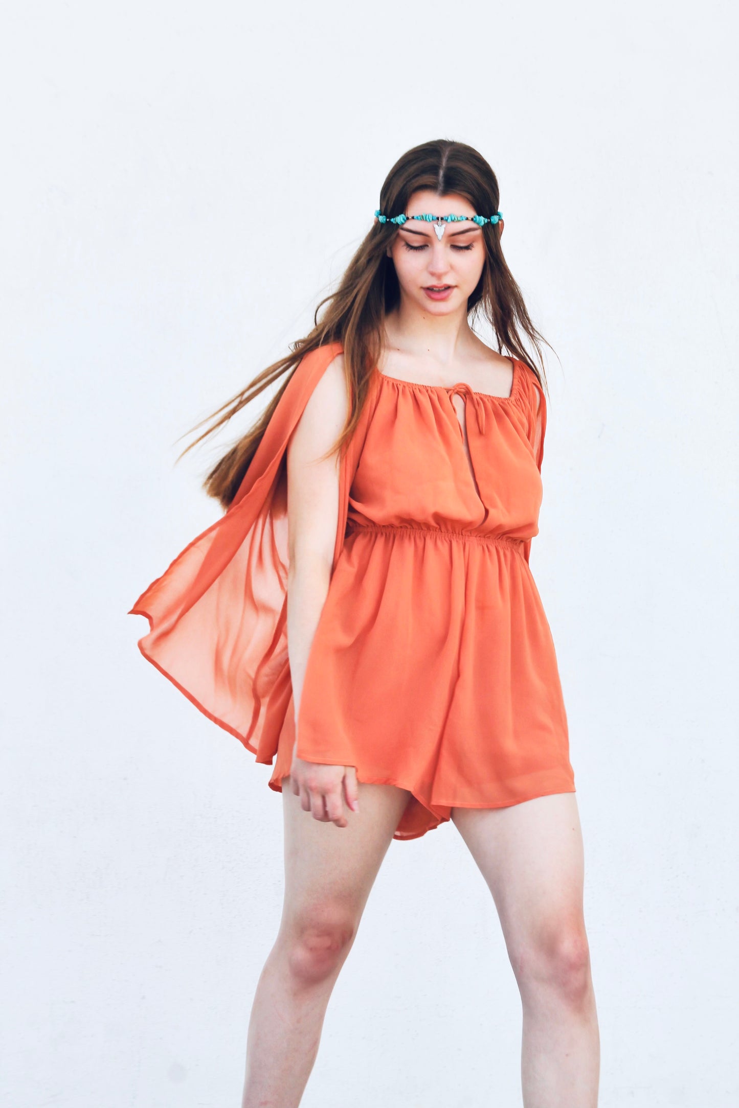 PUMPKIN SPICE airy chiffon romper, medium >> burnt orange