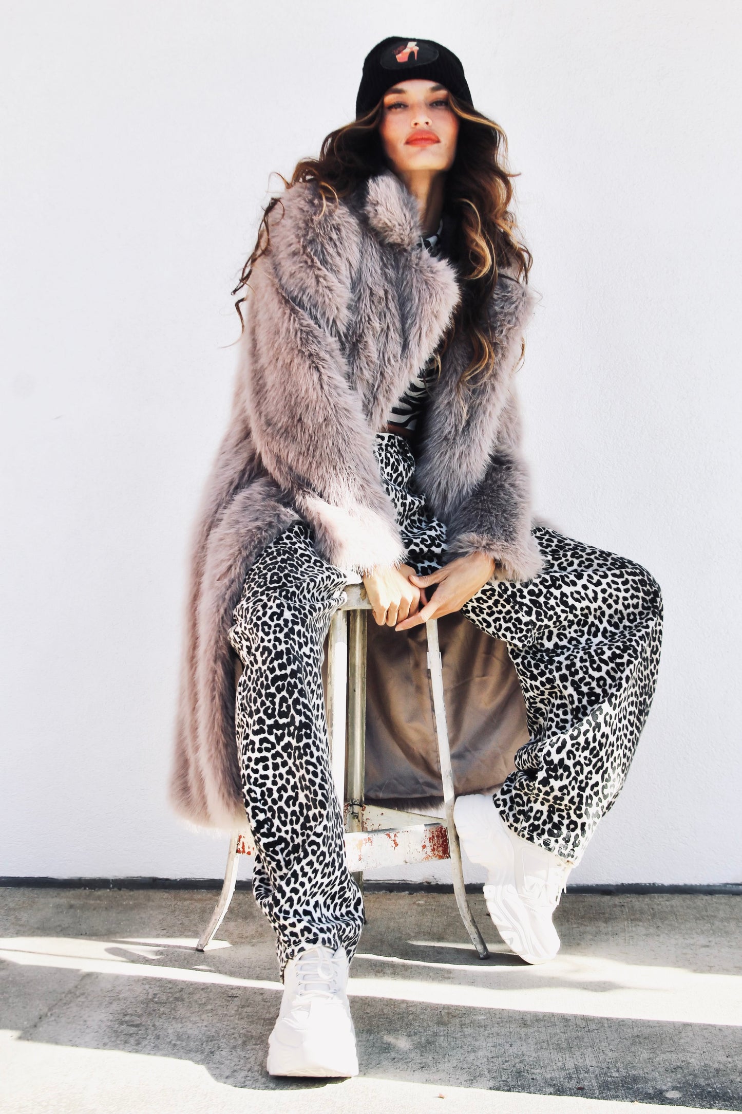 FAUX-EVER YOURS faux fur coat, medium >> stone grey