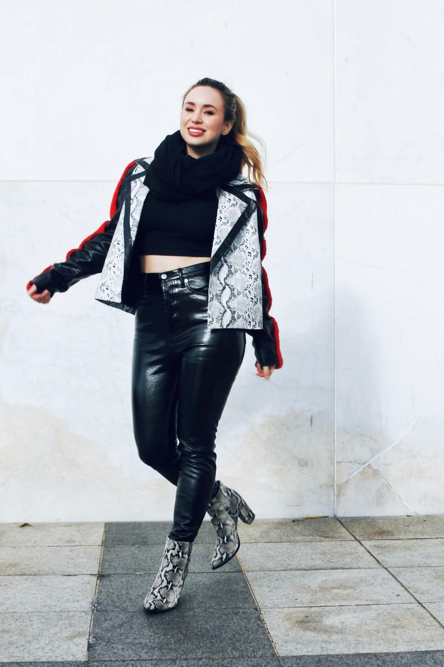 SCARLET VENOM faux snake skin + faux fur moto jacket, large >> black, red & white