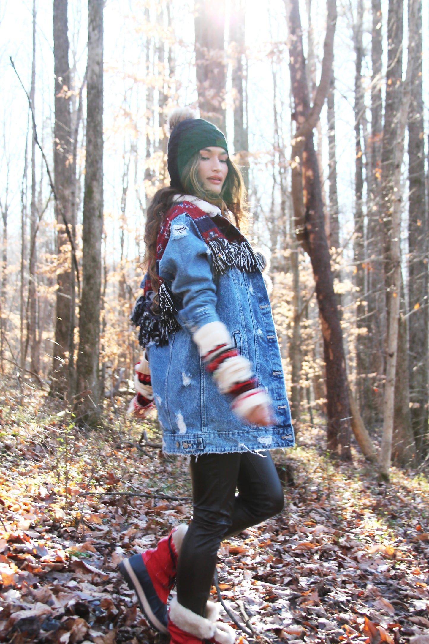 REINDEER GAMES distressed denim jacket w/ fringe + tribal patchwork, size small