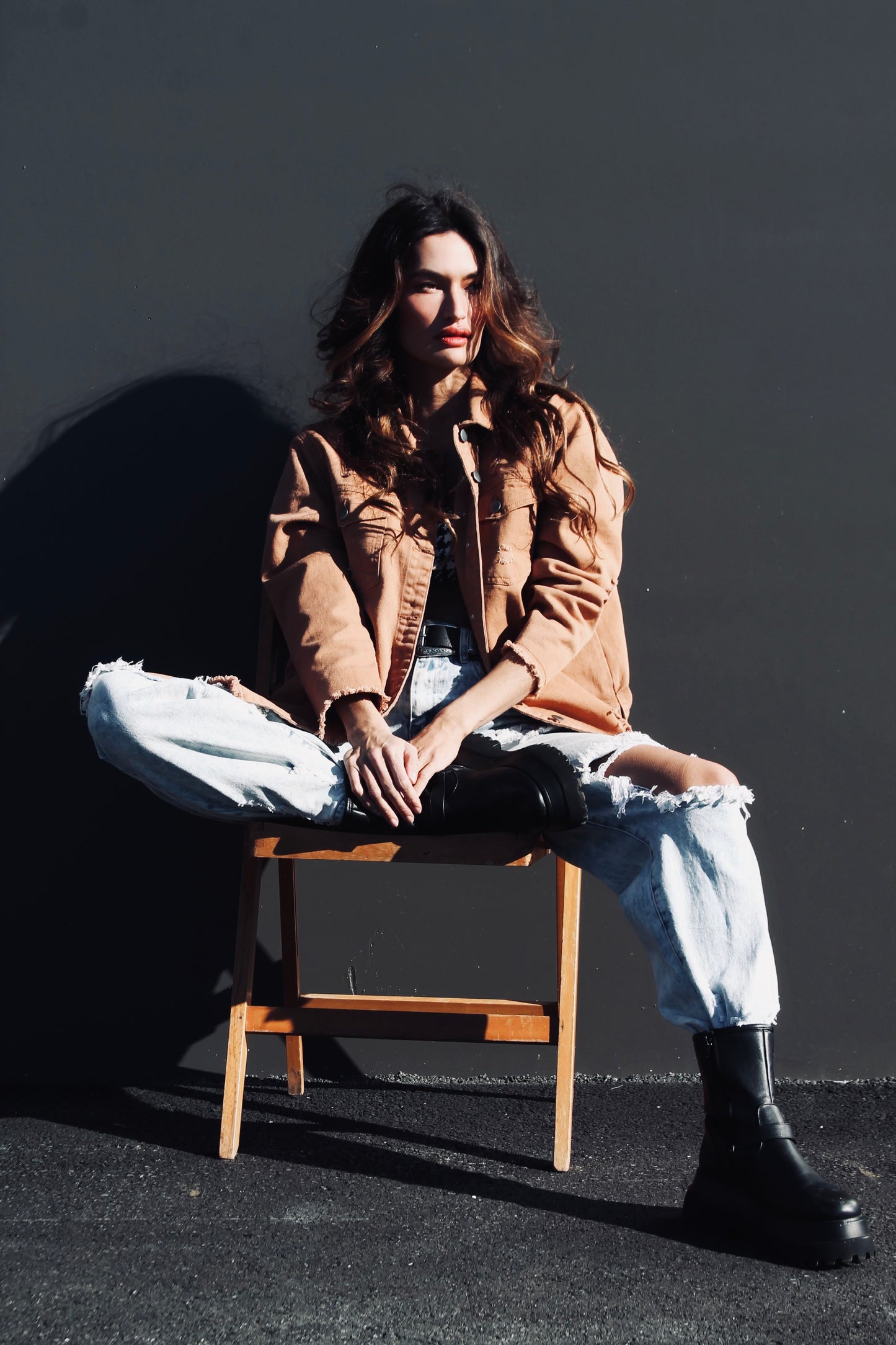 CRUSHIN’ ON YOU distressed denim shacket, size XL