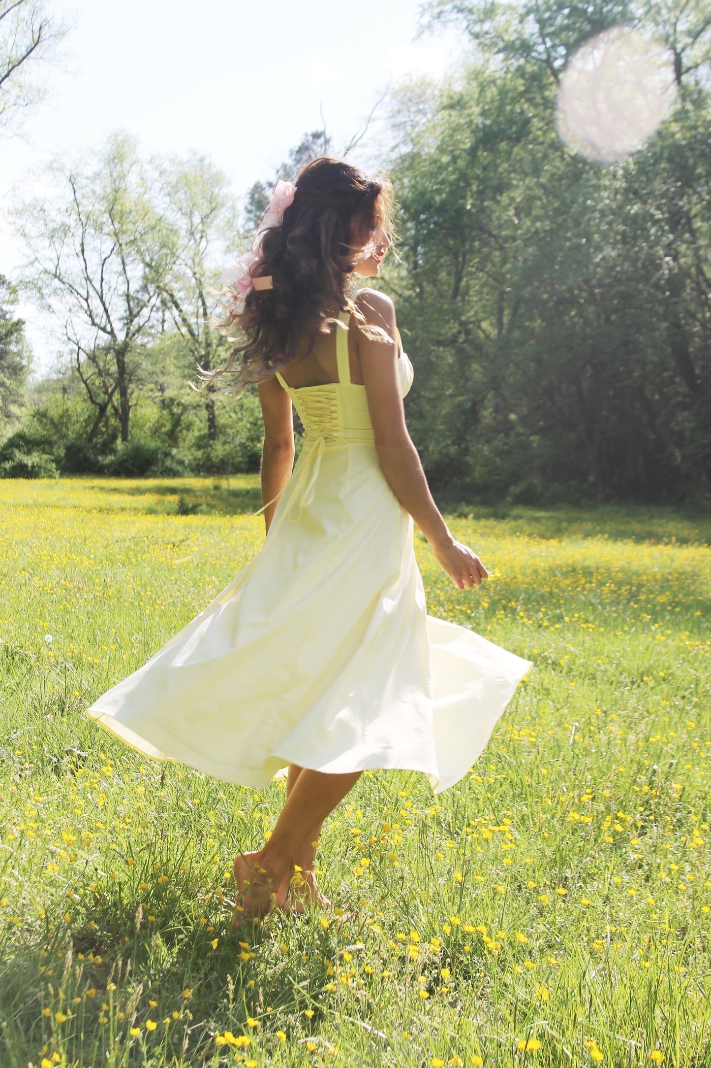 RUN FREE pale yellow lace-up corset sundress, in size small, medium & large
