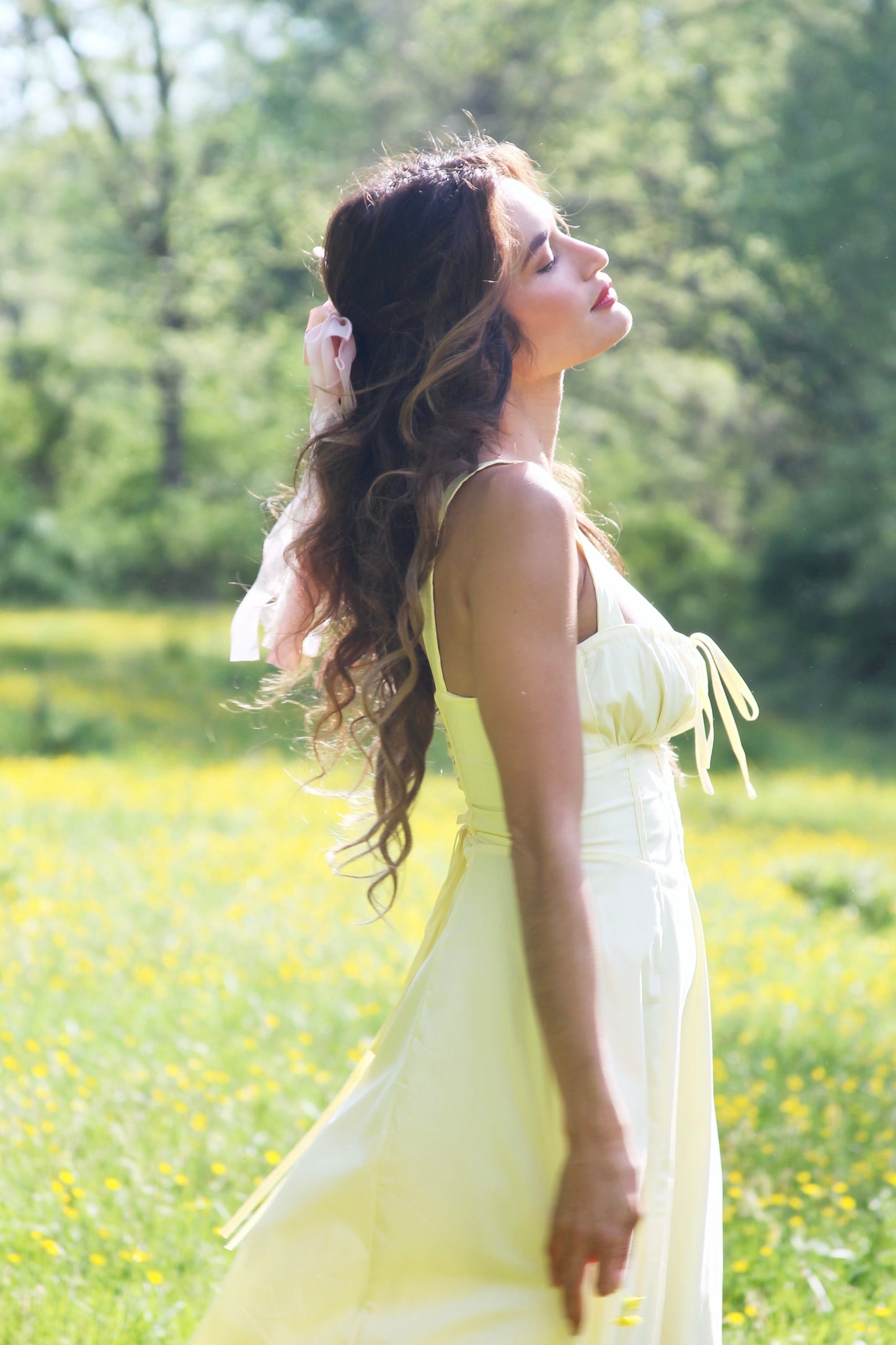 RUN FREE pale yellow lace-up corset sundress, in size small, medium & large