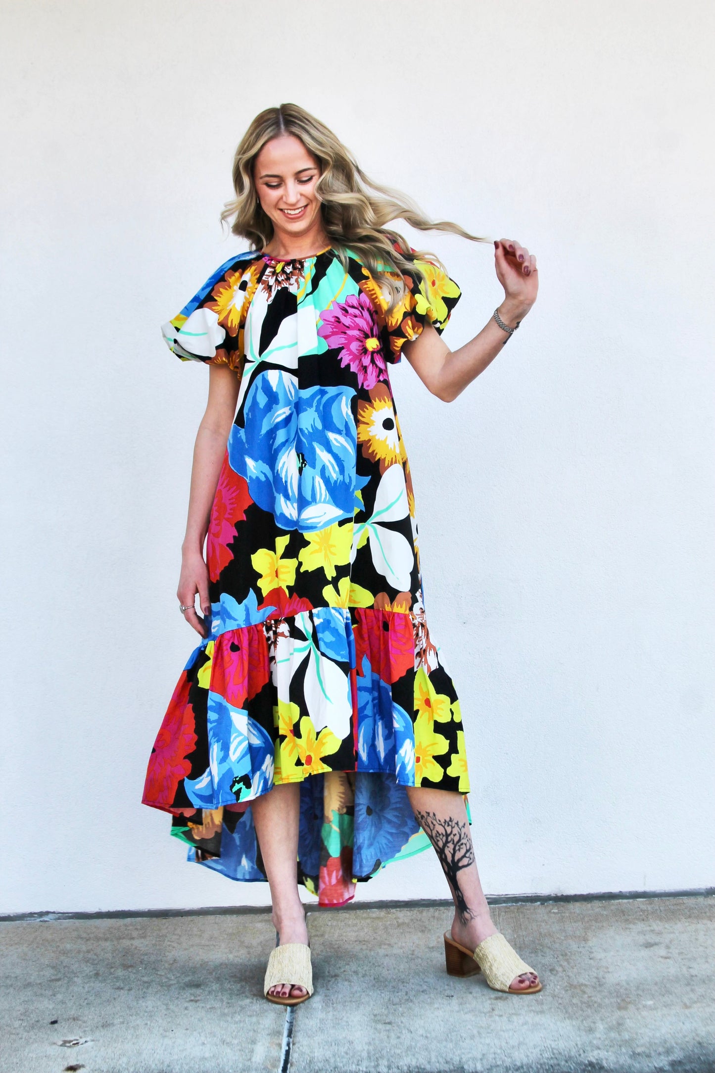 FOR THE LOVE OF FLORA vibrant + high-low midi dress, size extra small >> black with multicolored floral print