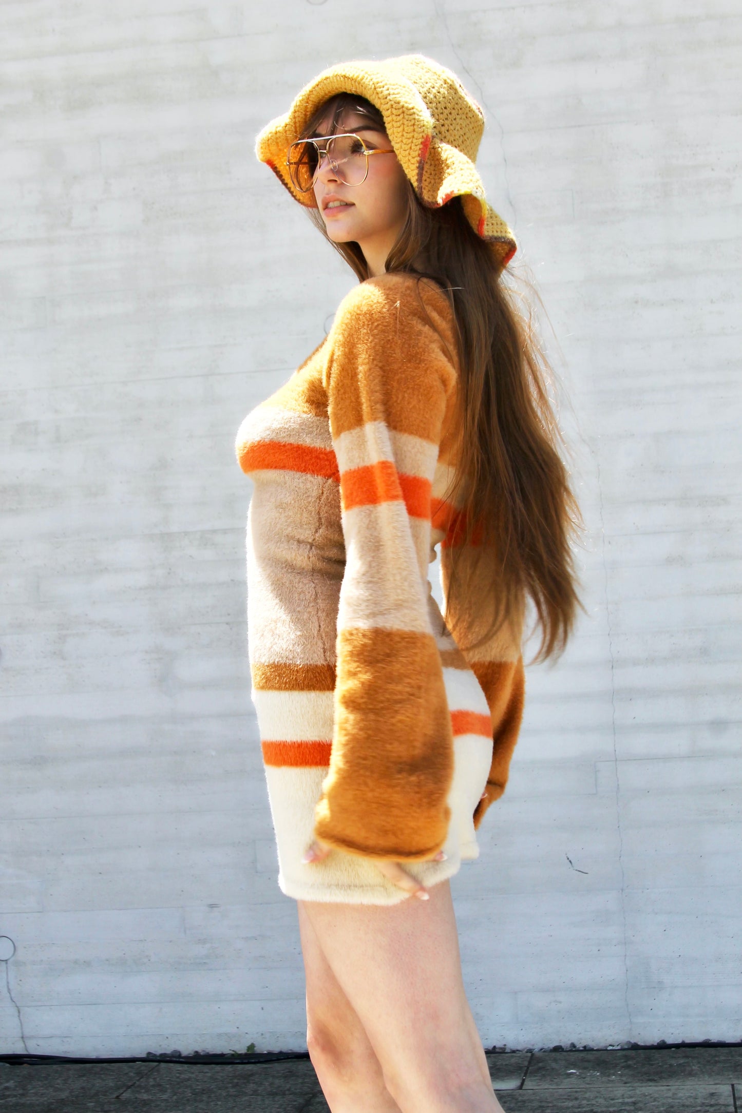 70’s SORT OF THANG striped fuzzy bell sleeve knit sweater dress, small *VINTAGE*