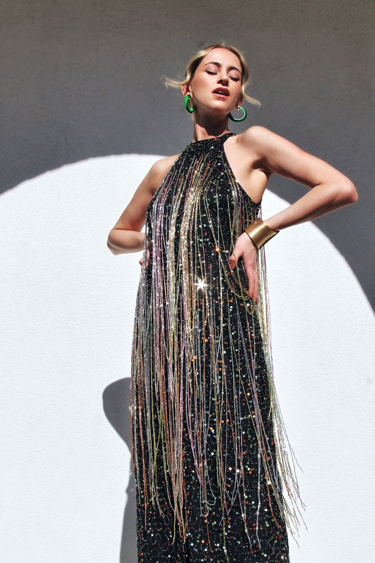 FIRECRACKER fully sequined + beaded tassel fringe jumpsuit *FOXY FAVE* size 4 >> black with multi-colored sequins