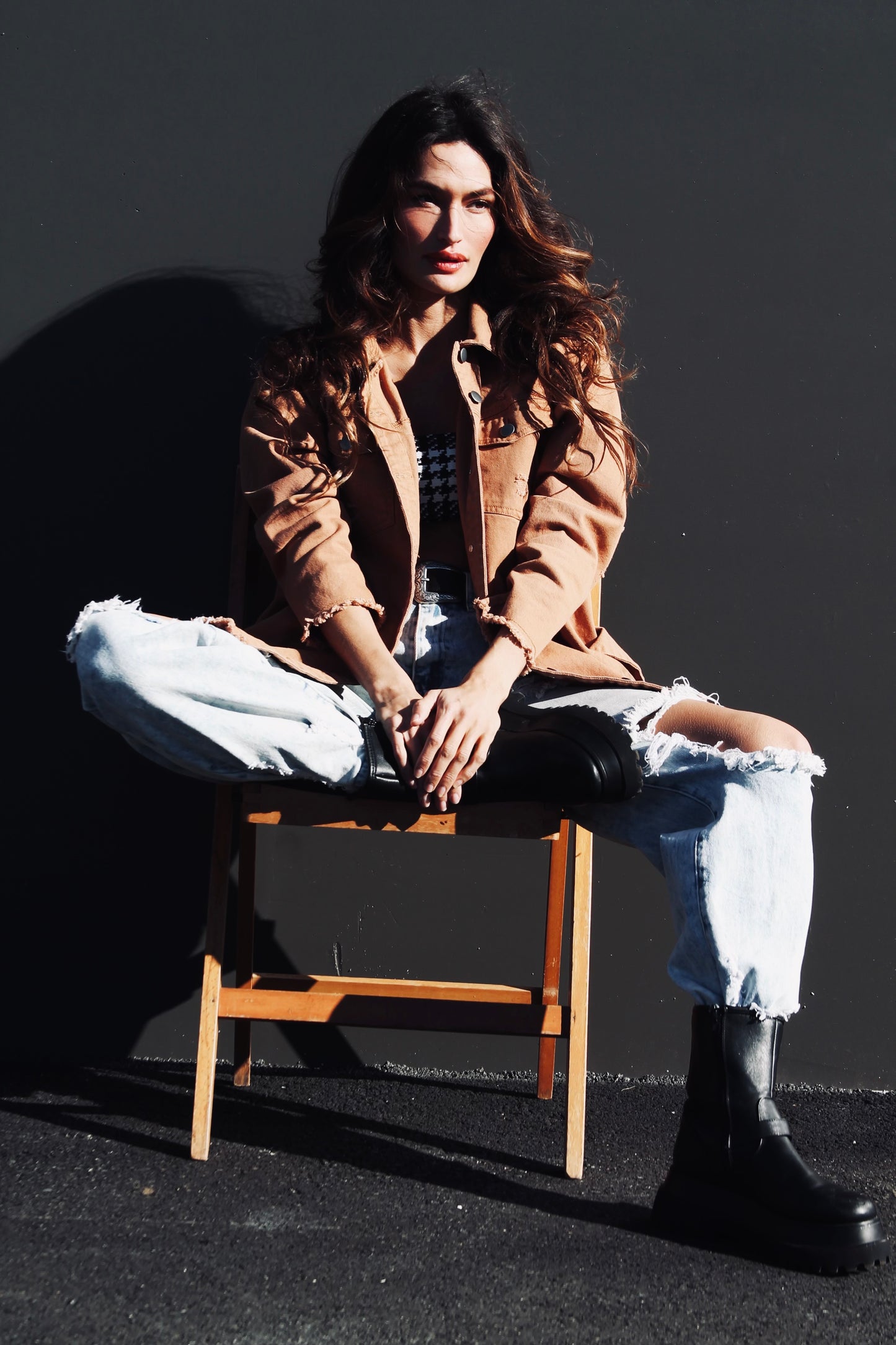 CRUSHIN’ ON YOU distressed denim shacket, size XL