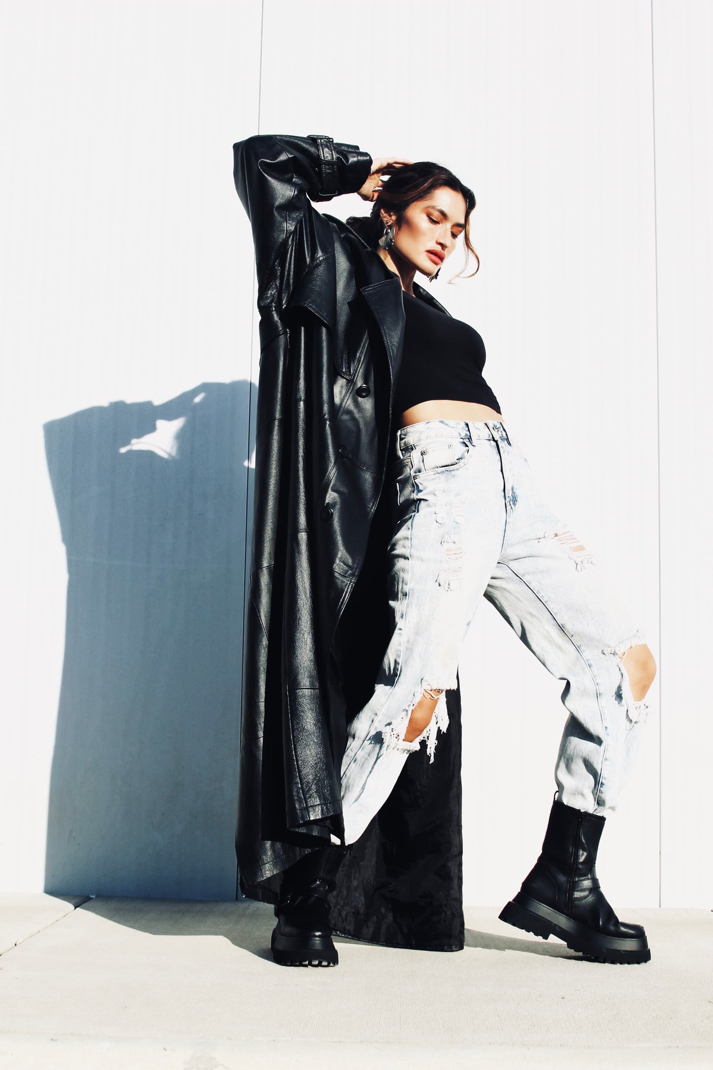 STAY FERAL ultimate oversized leather trench coat, 3X *TRUE VINTAGE + 100% GENUINE LEATHER + FOXY FAVE* >> jet black