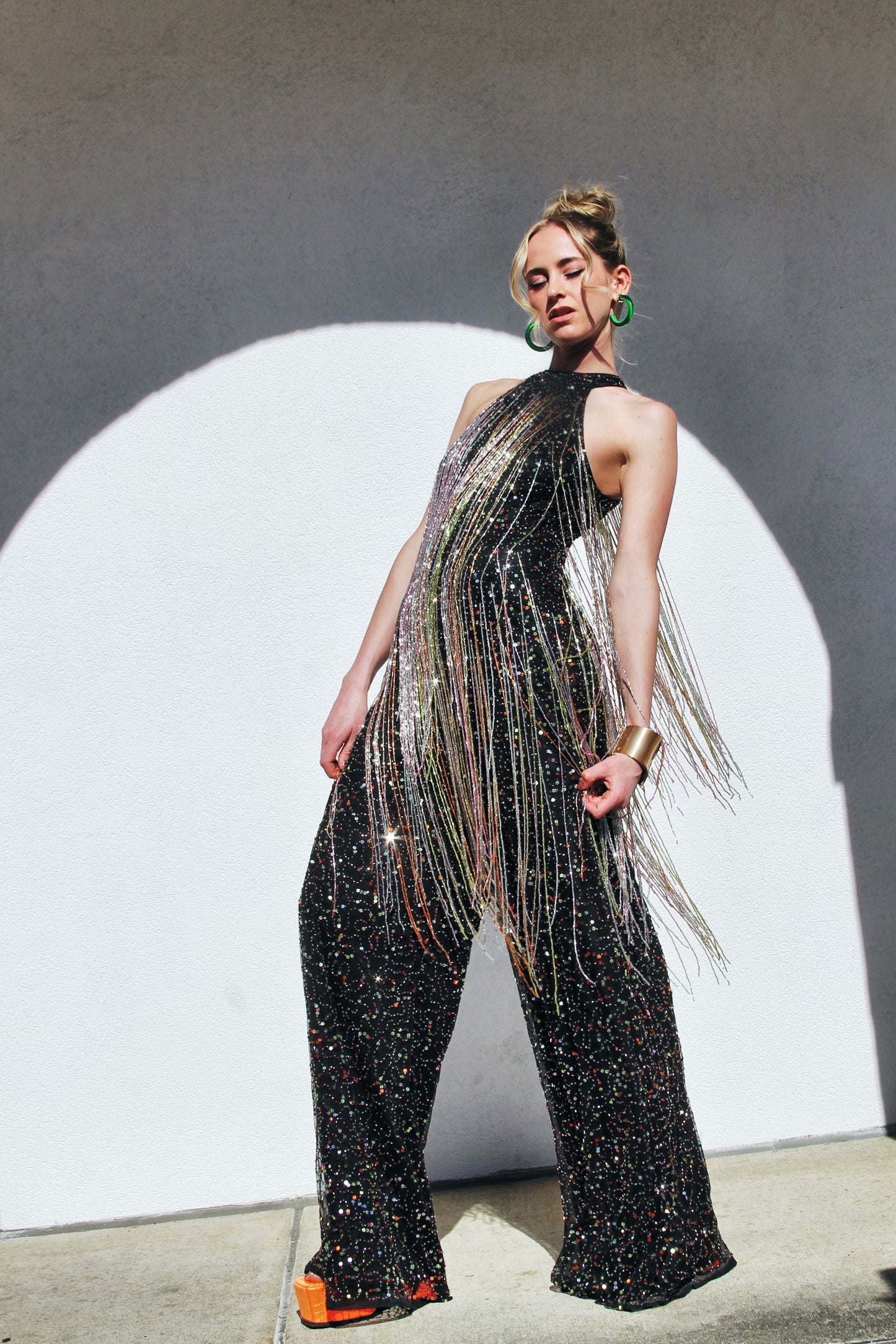 FIRECRACKER fully sequined + beaded tassel fringe jumpsuit *FOXY FAVE* size 4 >> black with multi-colored sequins