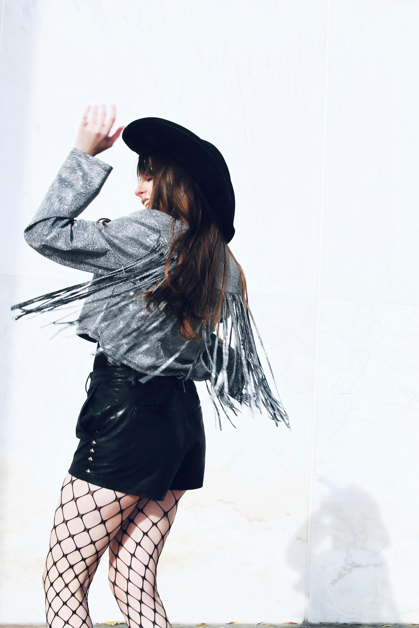 REBEL SPIRIT silver sparkle + tassel-fringe jacket, XL *FOXY FAVE* >> gunmetal grey