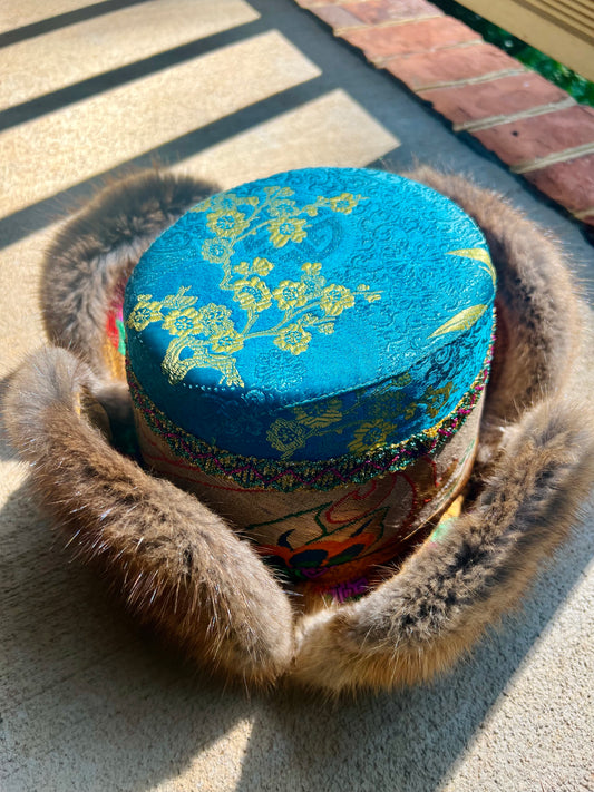 TIBETAN TREASURE hat *ANTIQUE, HANDMADE, GENUINE FUR, SILK, FOXY FABLE EXCLUSIVE, PERFECT CONDITION*
