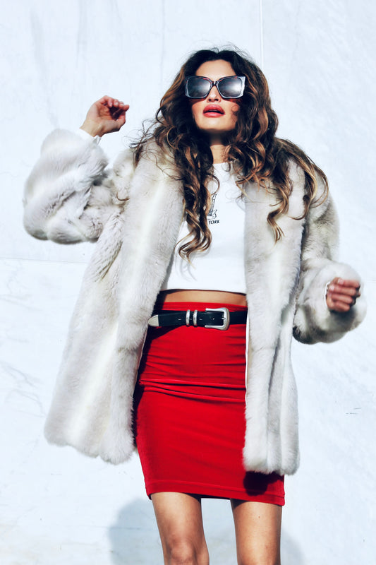 MOB WIFE faux fur coat, M/L *VINTAGE* >>smoky grey and white