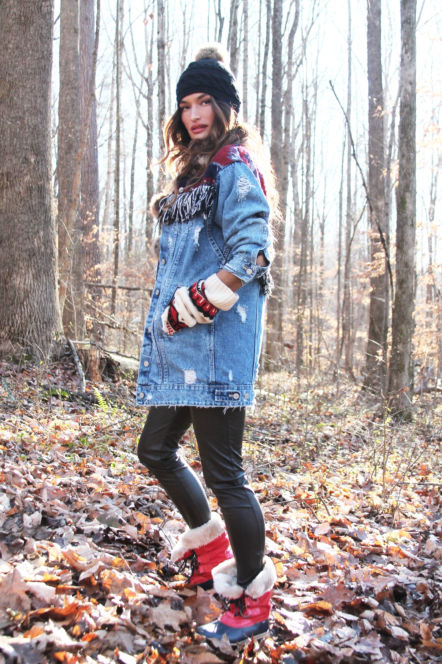 REINDEER GAMES distressed denim jacket w/ fringe + tribal patchwork, size small