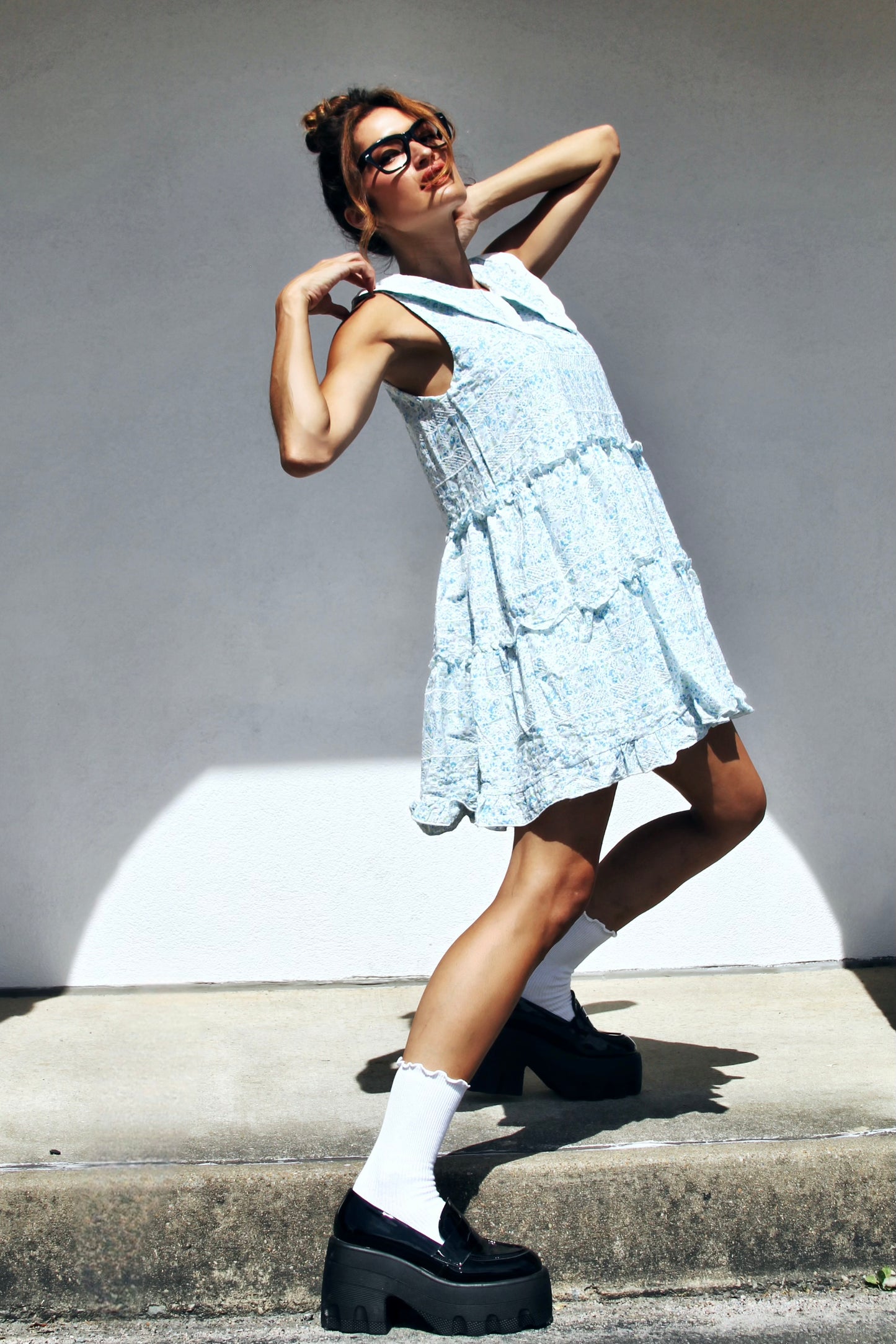 TEA FOR TWO floral + ruffle mini-dress, medium