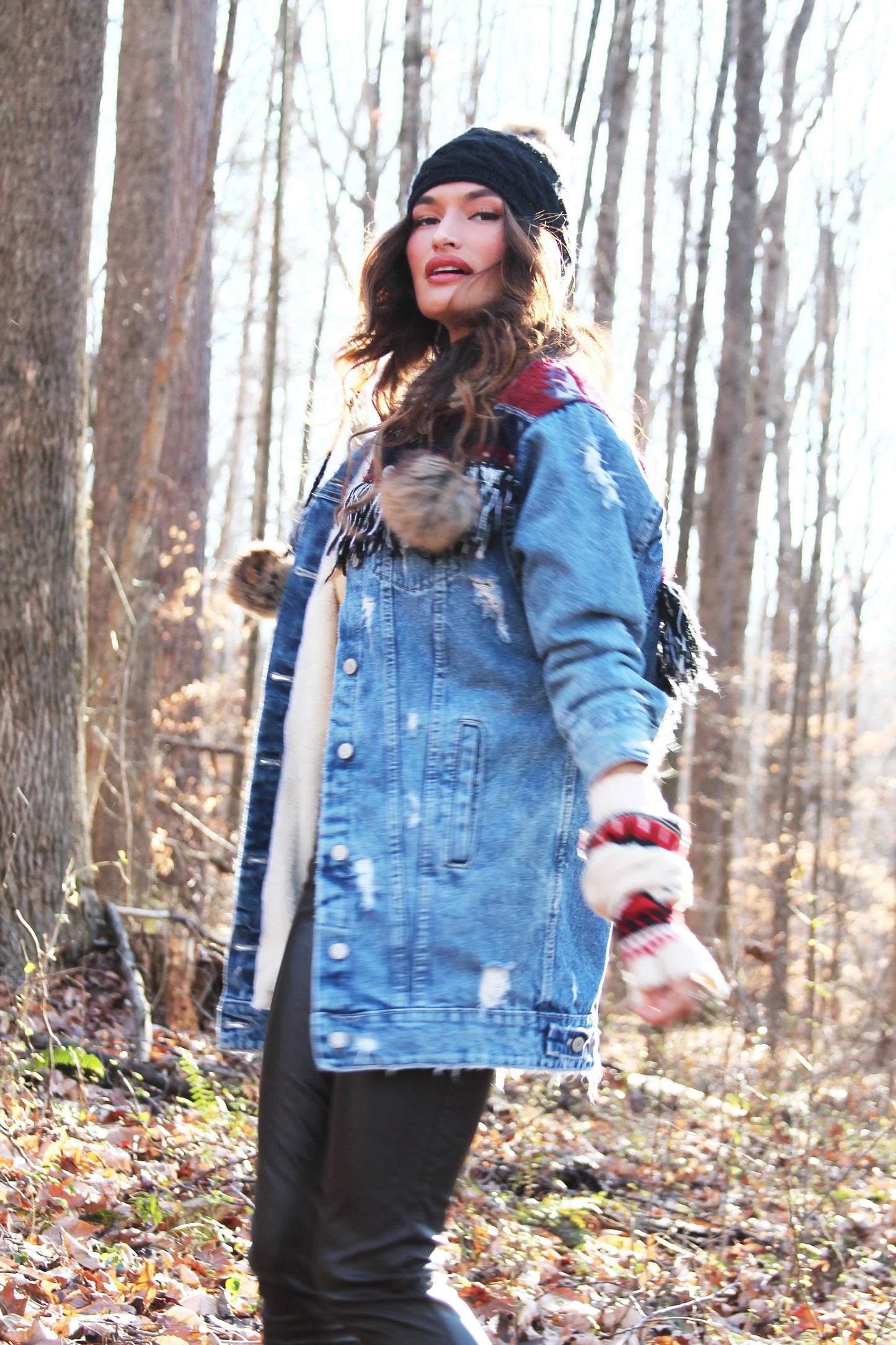 REINDEER GAMES distressed denim jacket w/ fringe + tribal patchwork, size small