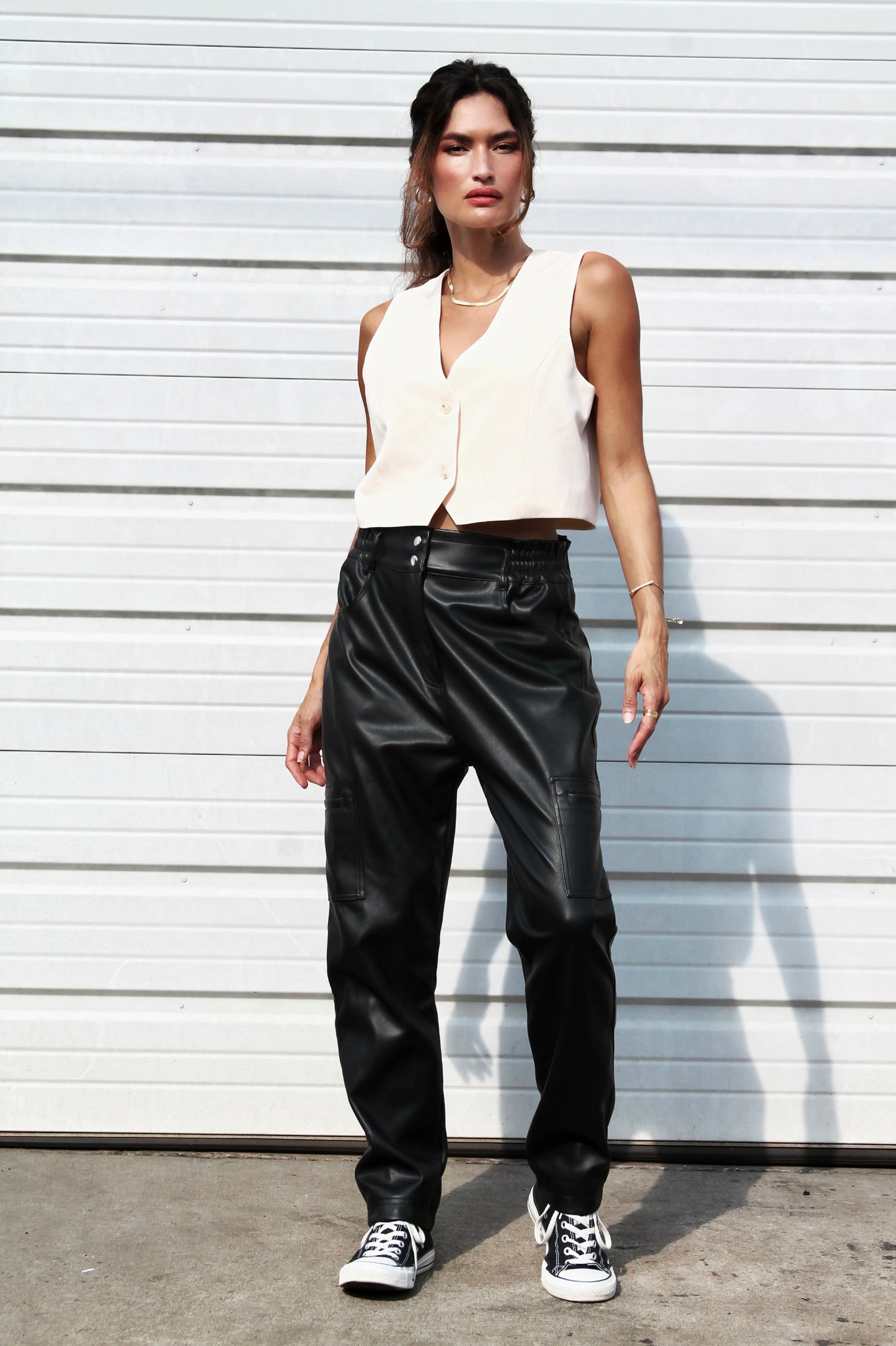 STAR CROSSED dropped crotch vegan leather cargo pants, size 28