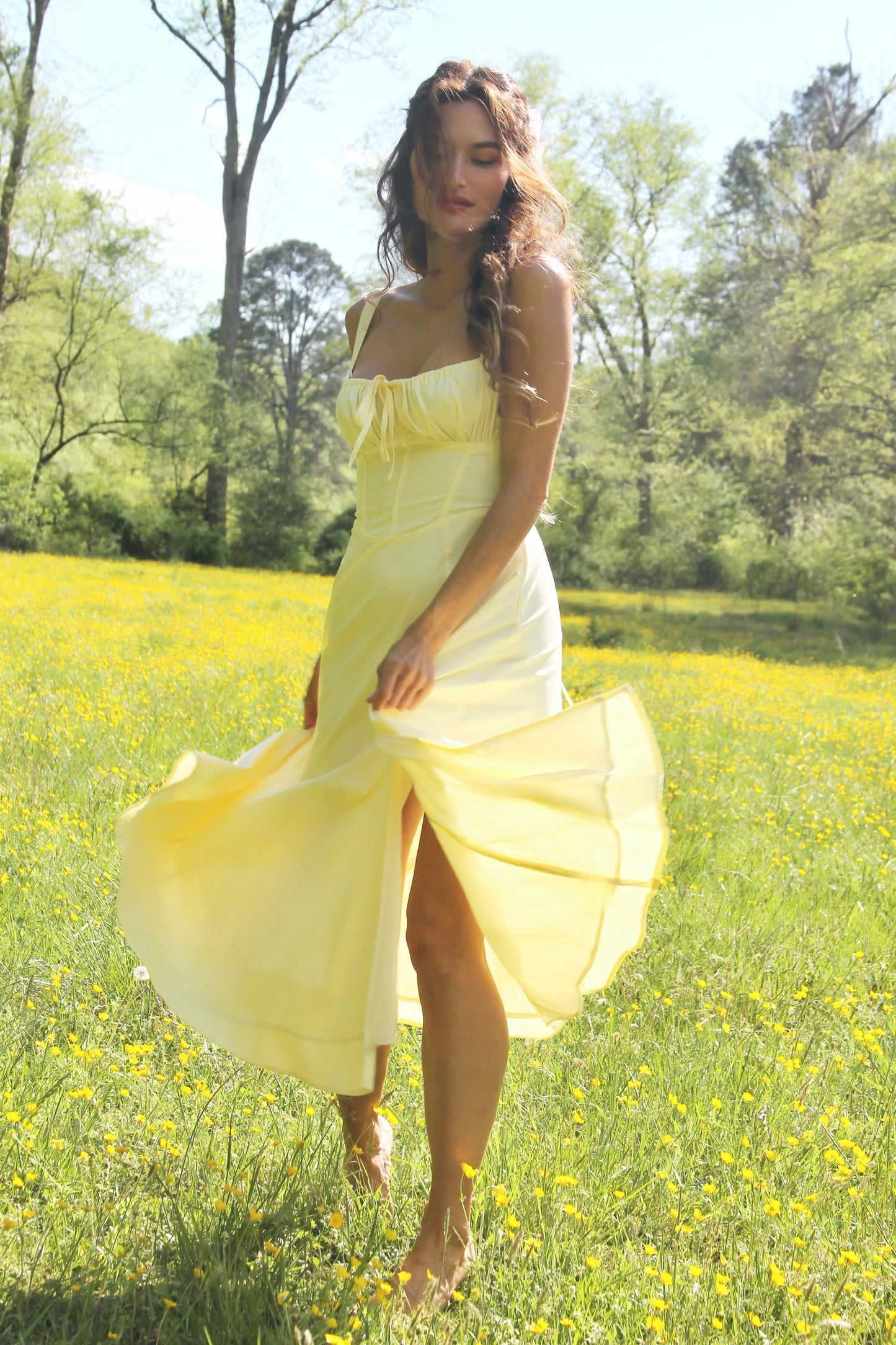 RUN FREE pale yellow lace-up corset sundress, in size small, medium & large