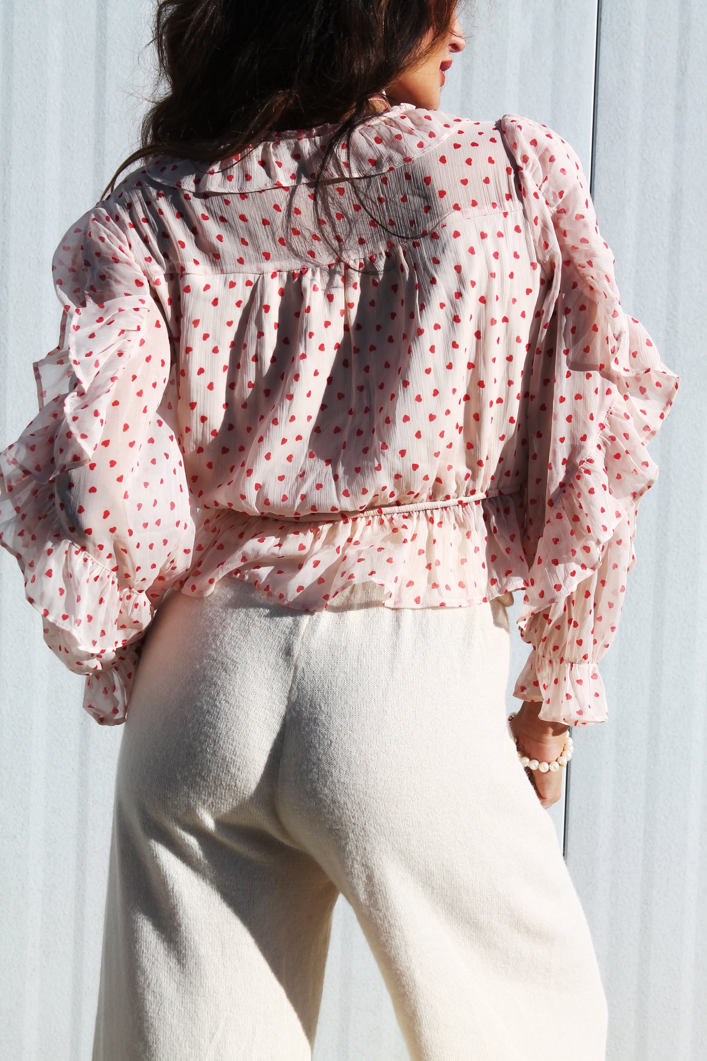 HEART STRINGS sheer + ruffle heart polka dot top, large