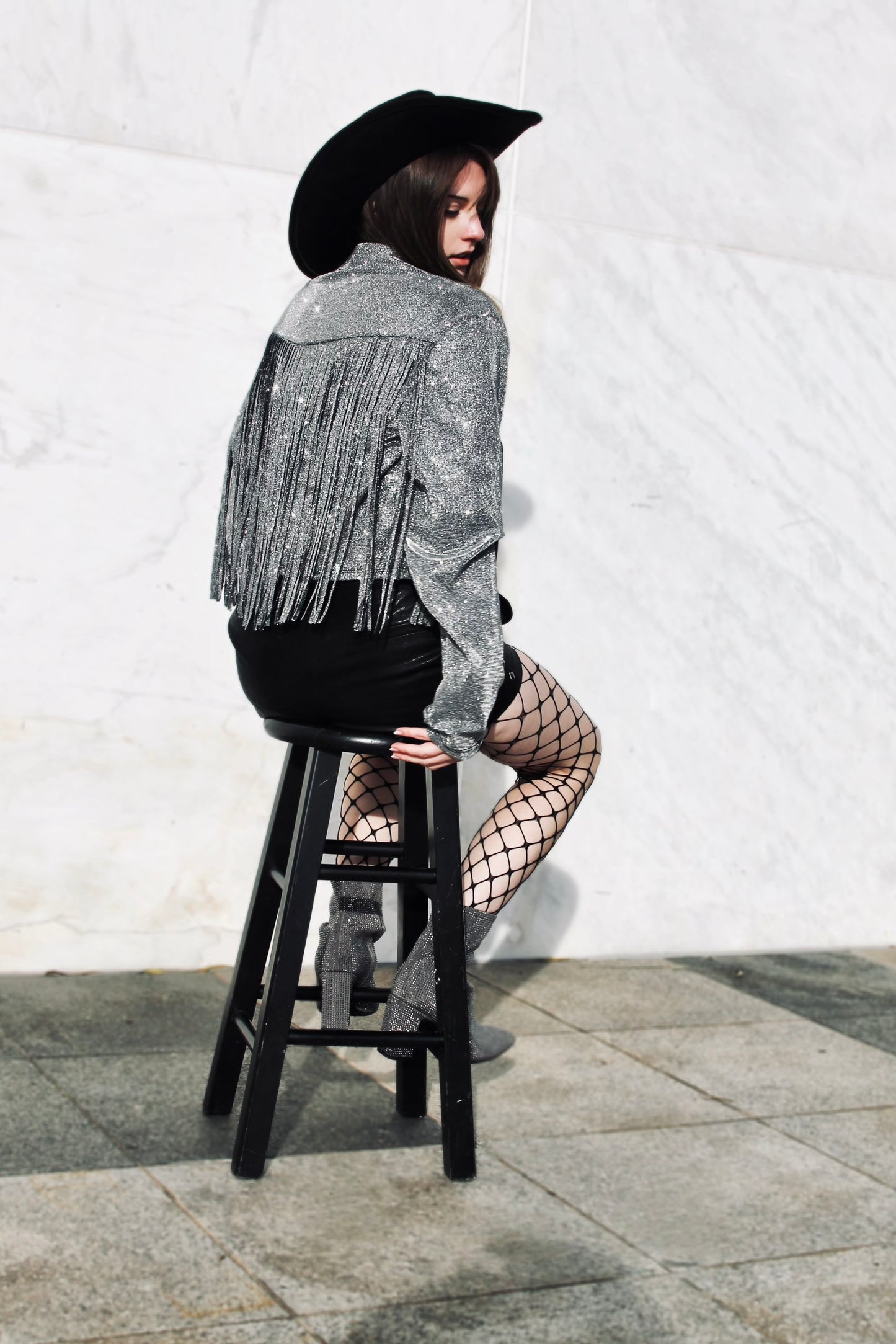 REBEL SPIRIT silver sparkle + tassel-fringe jacket, XL *FOXY FAVE* >> gunmetal grey