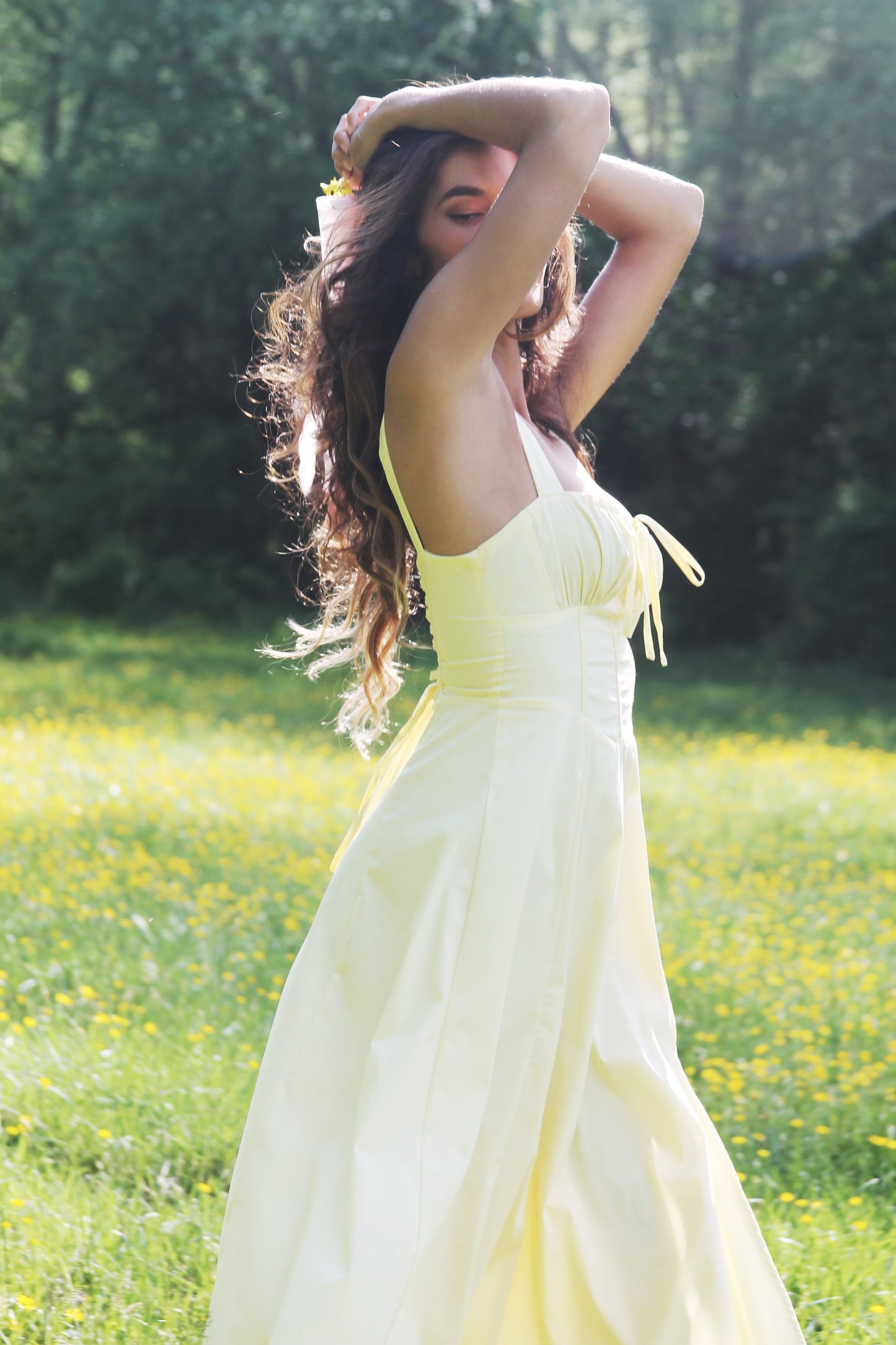 RUN FREE pale yellow lace-up corset sundress, in size small, medium & large