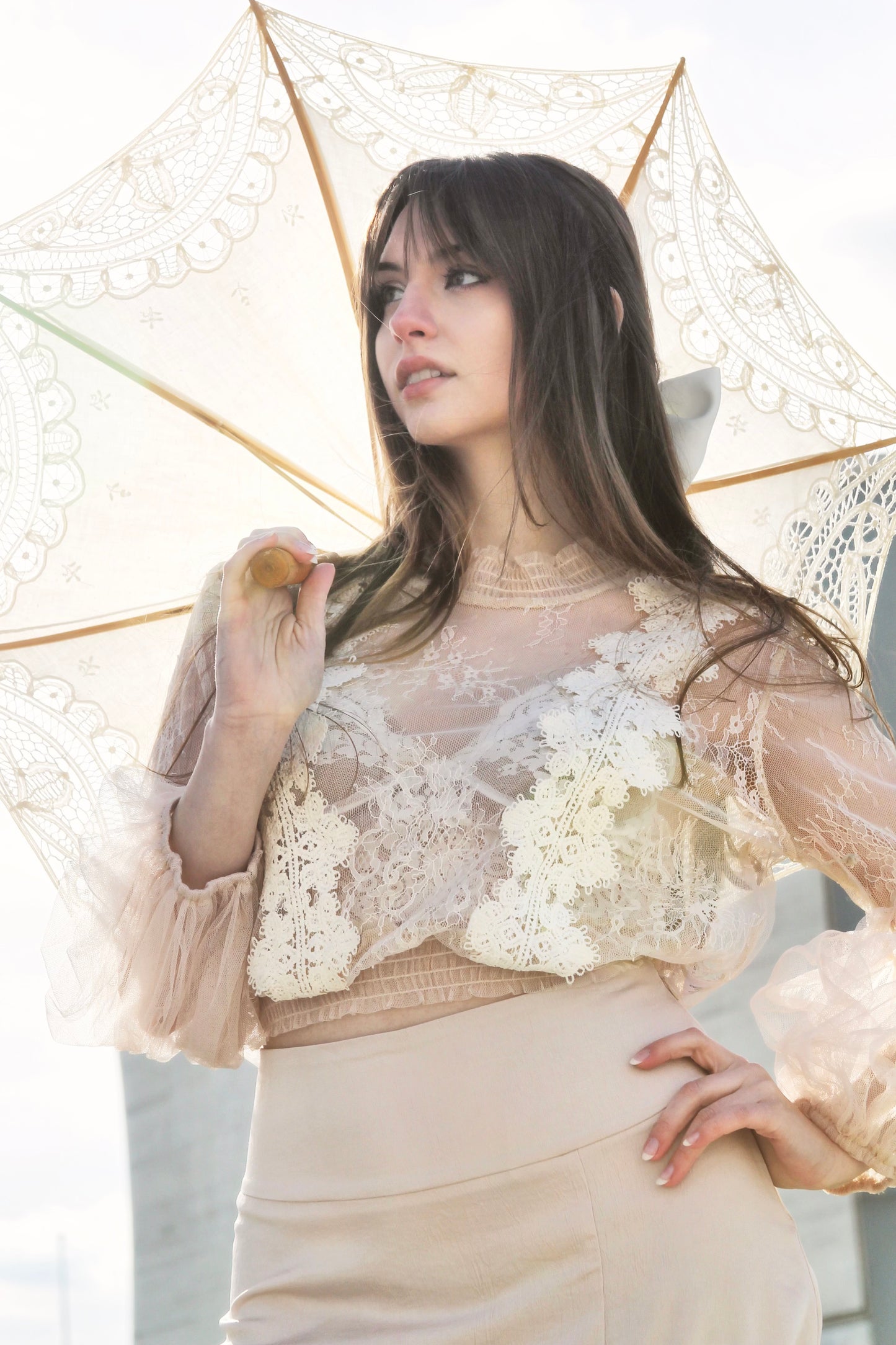 ARIES SZN 4.0 sheer + lace mock turtle neck, large >> blush beige