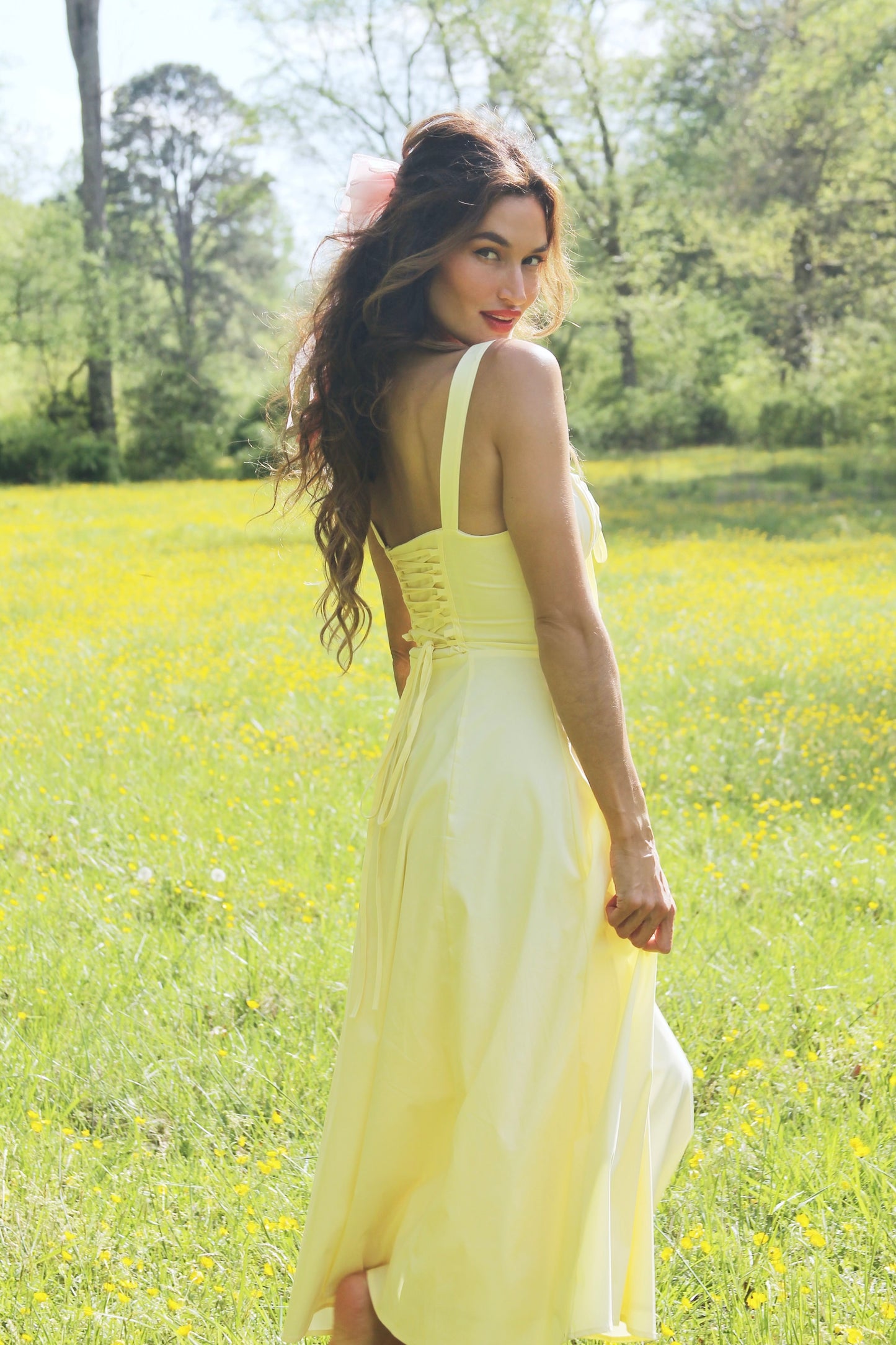 RUN FREE pale yellow lace-up corset sundress, in size small, medium & large