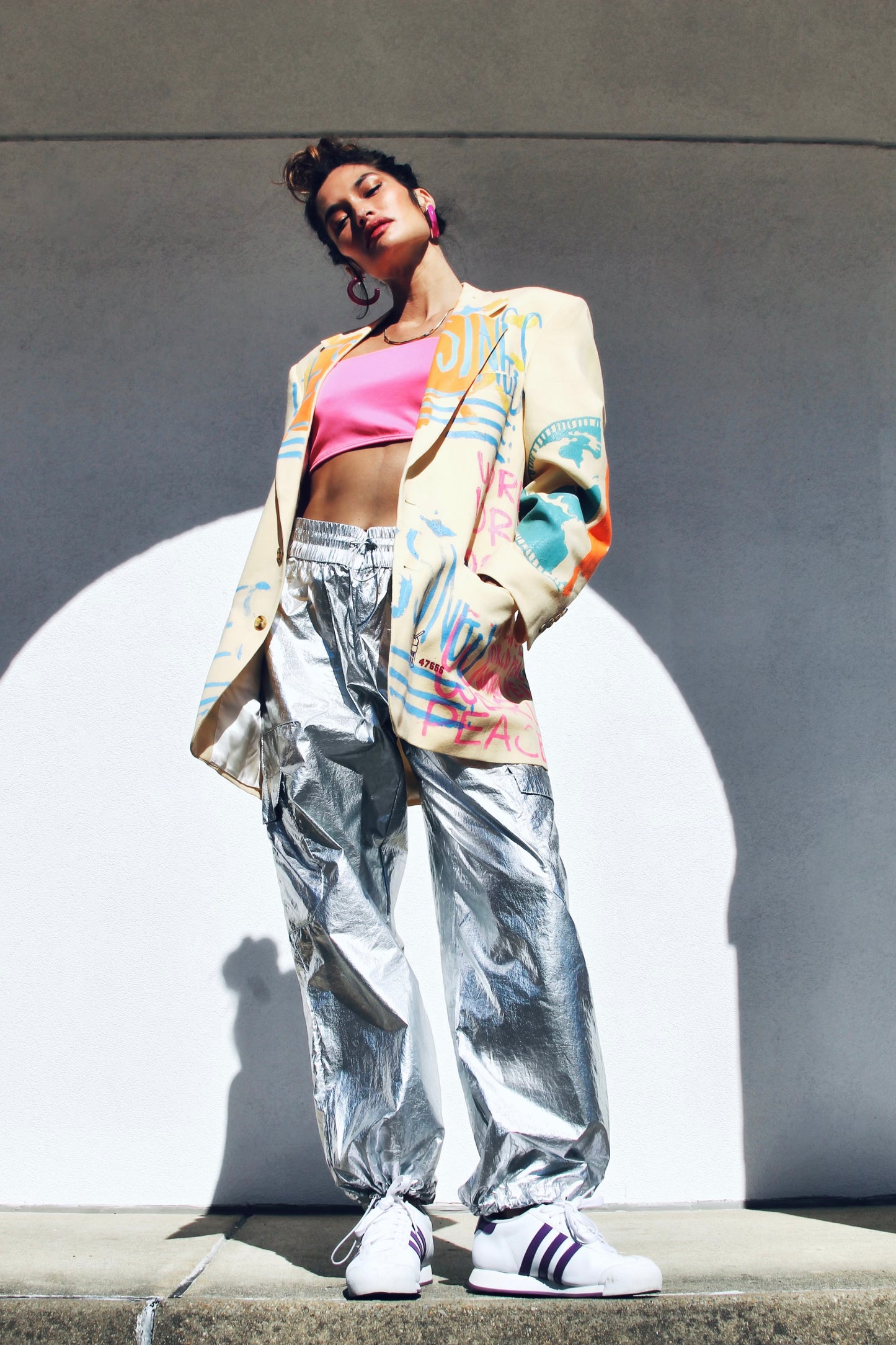 WORLD PEACE painted blazer *VINTAGE + HAND PAINTED + MADE IN THE USA* >> butter yellow + multi-colored graphics