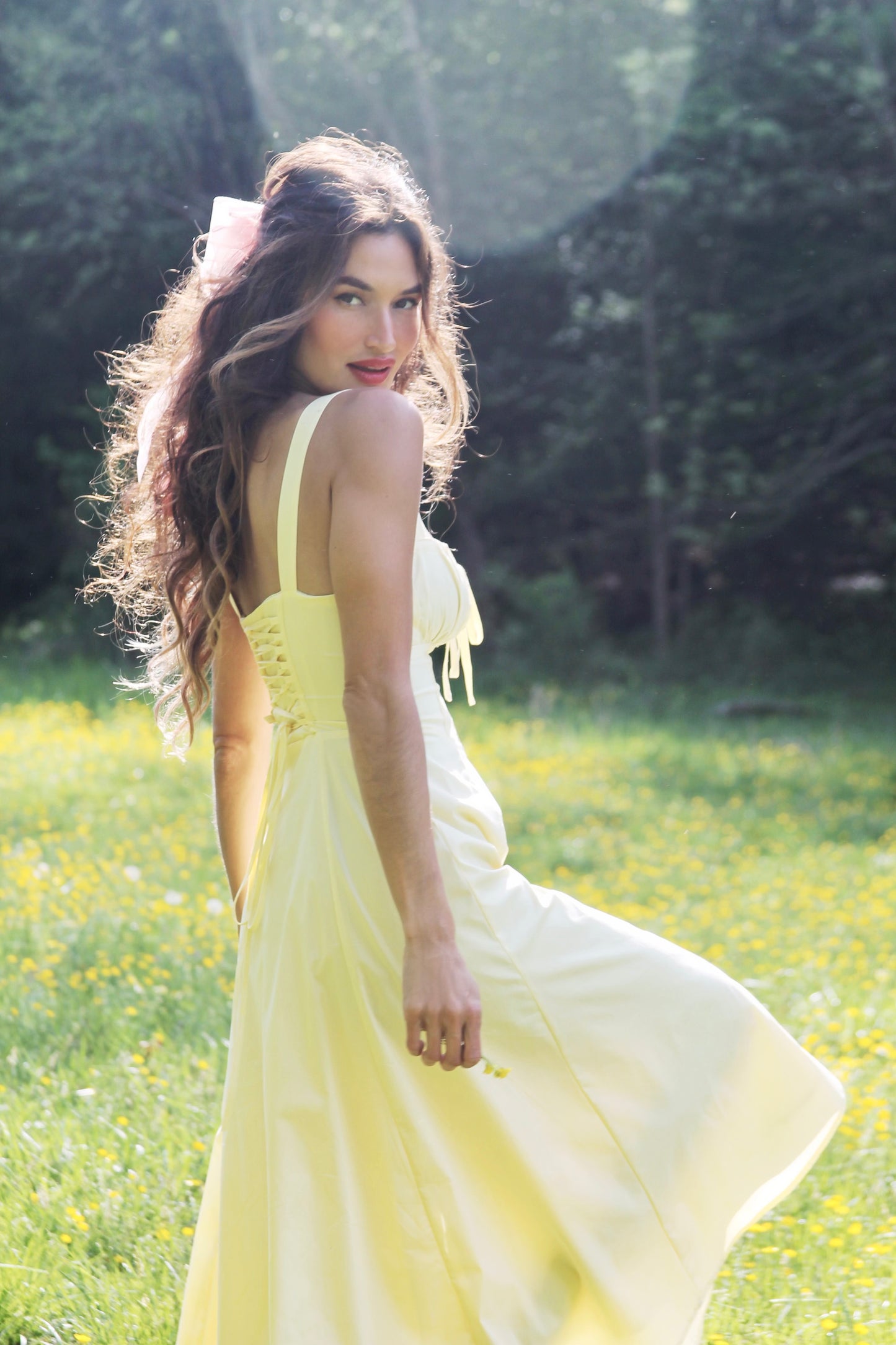RUN FREE pale yellow lace-up corset sundress, in size small, medium & large
