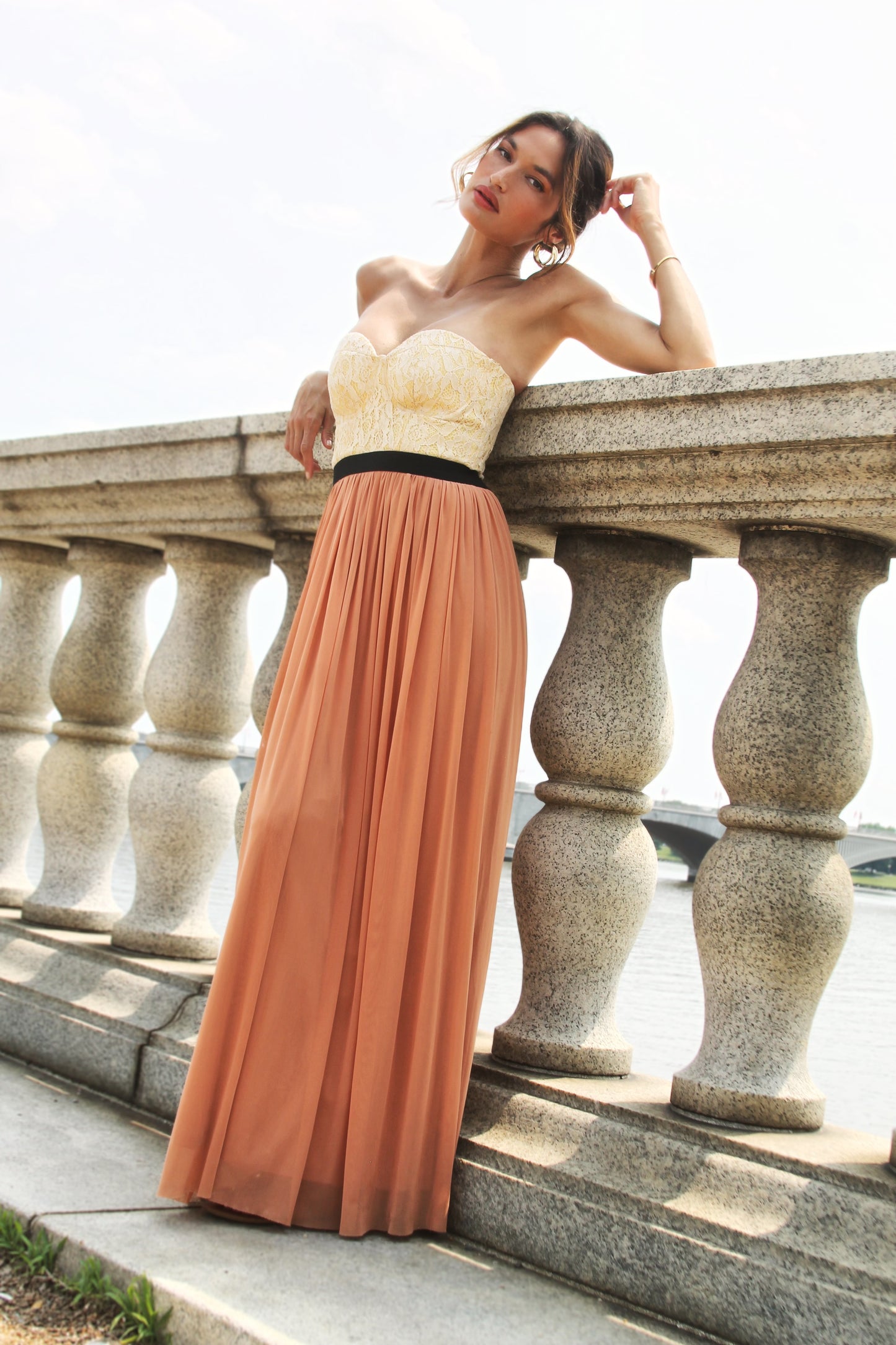 A LA MODE corset maxi dress, size small, Say What >> pumpkin + french vanilla