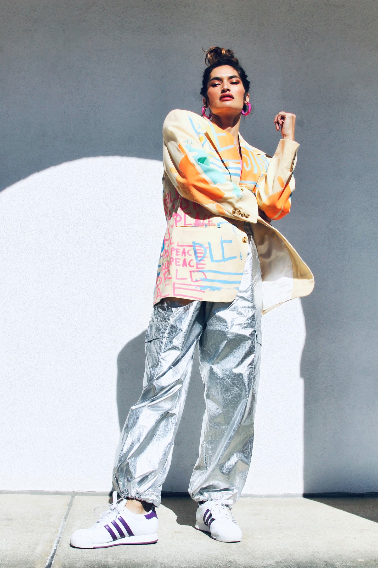 WORLD PEACE painted blazer *VINTAGE + HAND PAINTED + MADE IN THE USA* >> butter yellow + multi-colored graphics