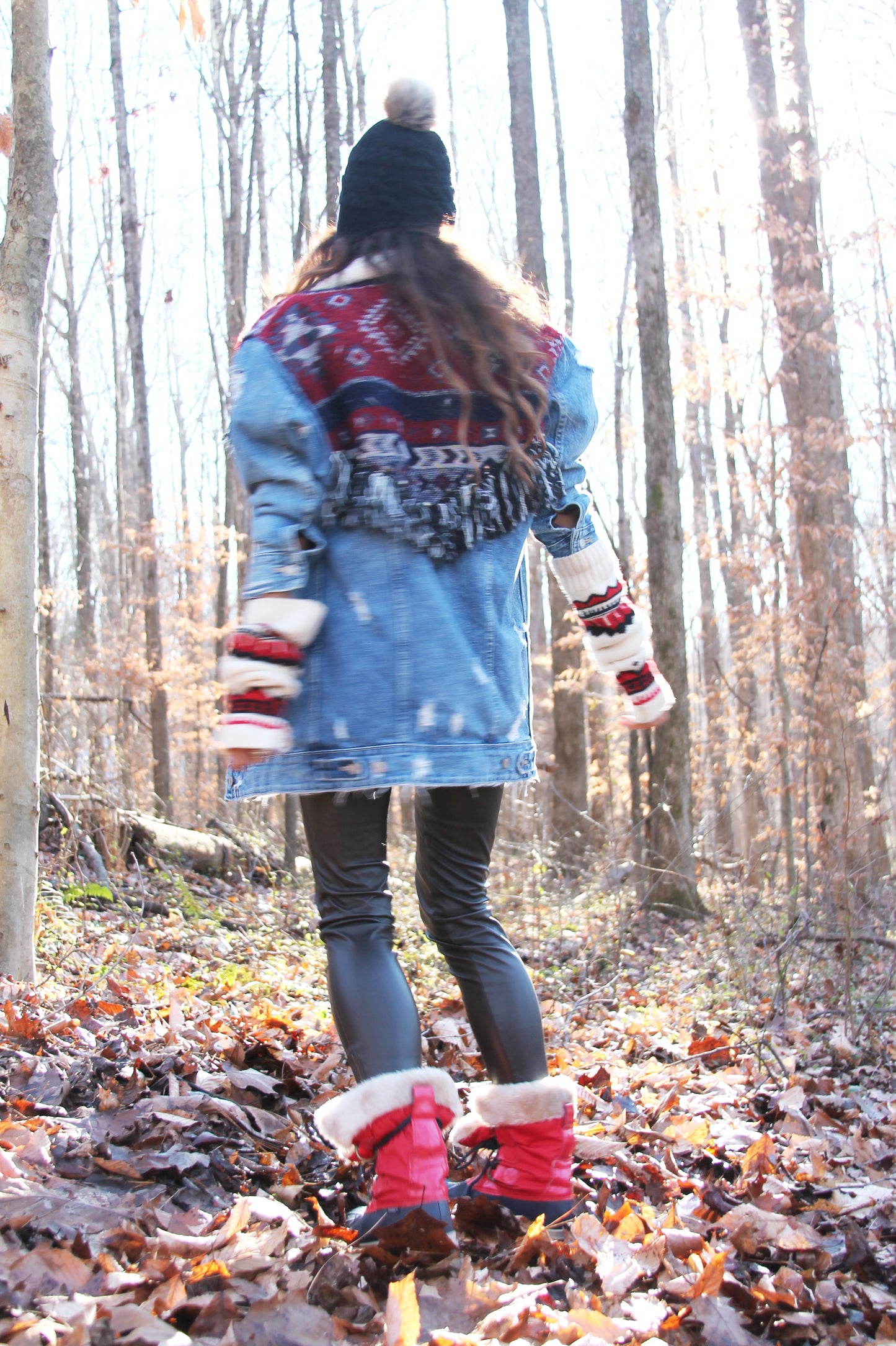 REINDEER GAMES distressed denim jacket w/ fringe + tribal patchwork, size small