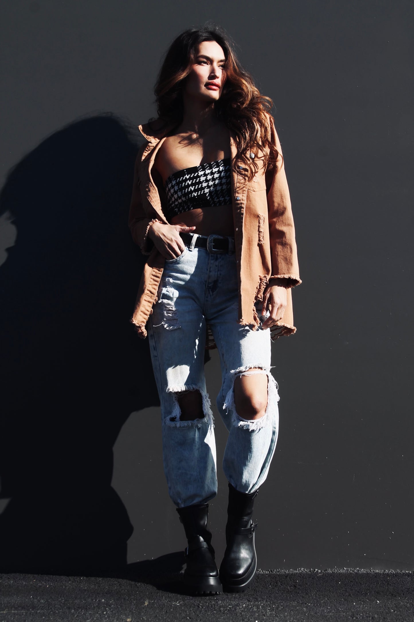 CRUSHIN’ ON YOU distressed denim shacket, size XL