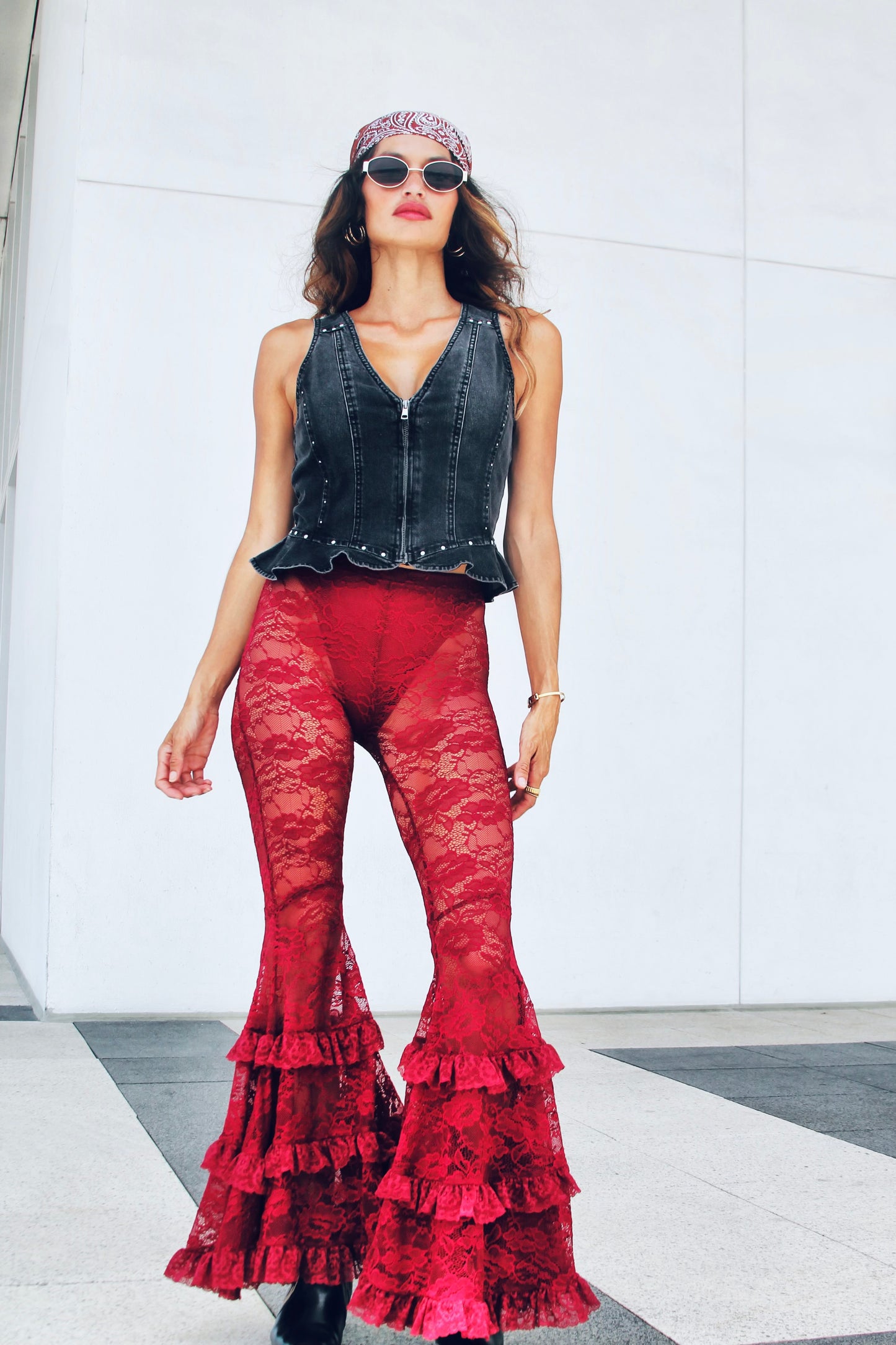 DANGEROUS sheer + full lace + tiered ruffle ultra bell bottoms, XS >> deep maroon