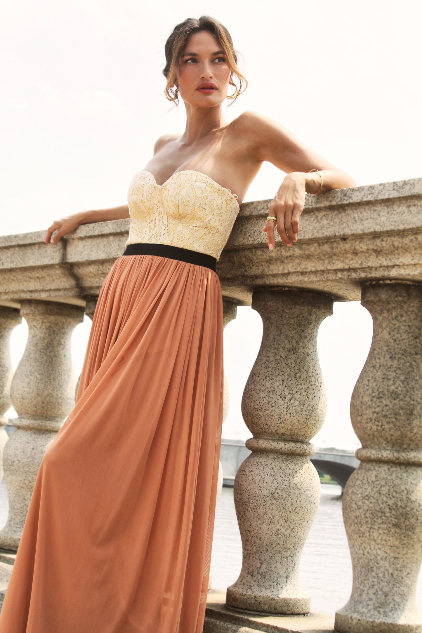 A LA MODE corset maxi dress, size small, Say What >> pumpkin + french vanilla