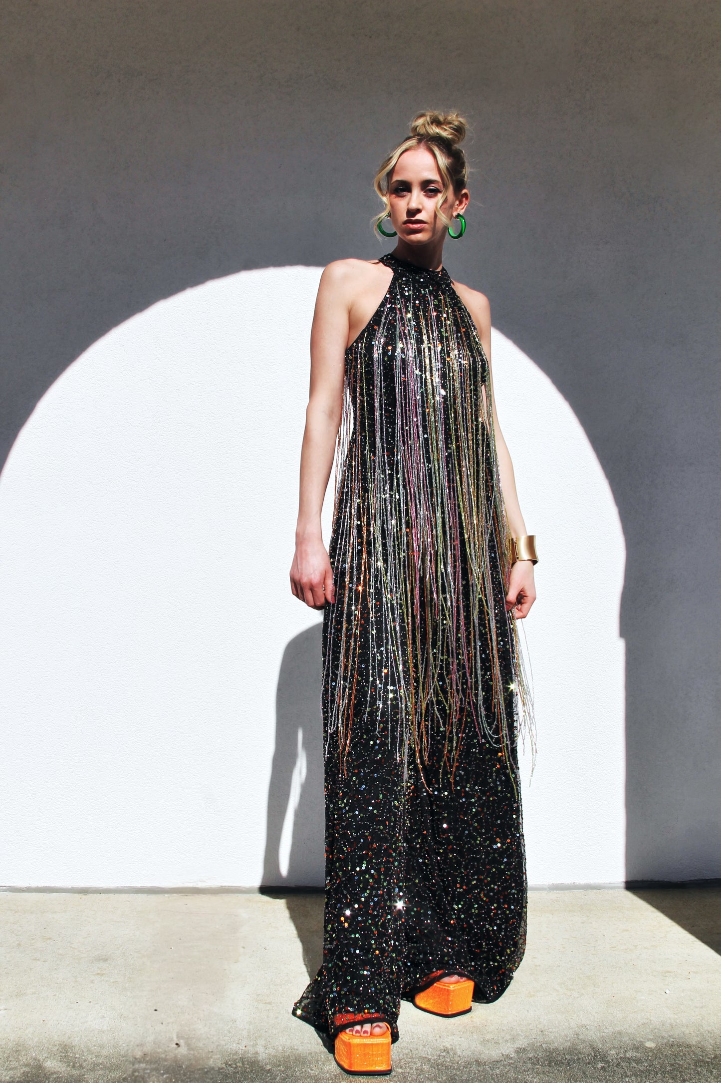FIRECRACKER fully sequined + beaded tassel fringe jumpsuit *FOXY FAVE* size 4 >> black with multi-colored sequins