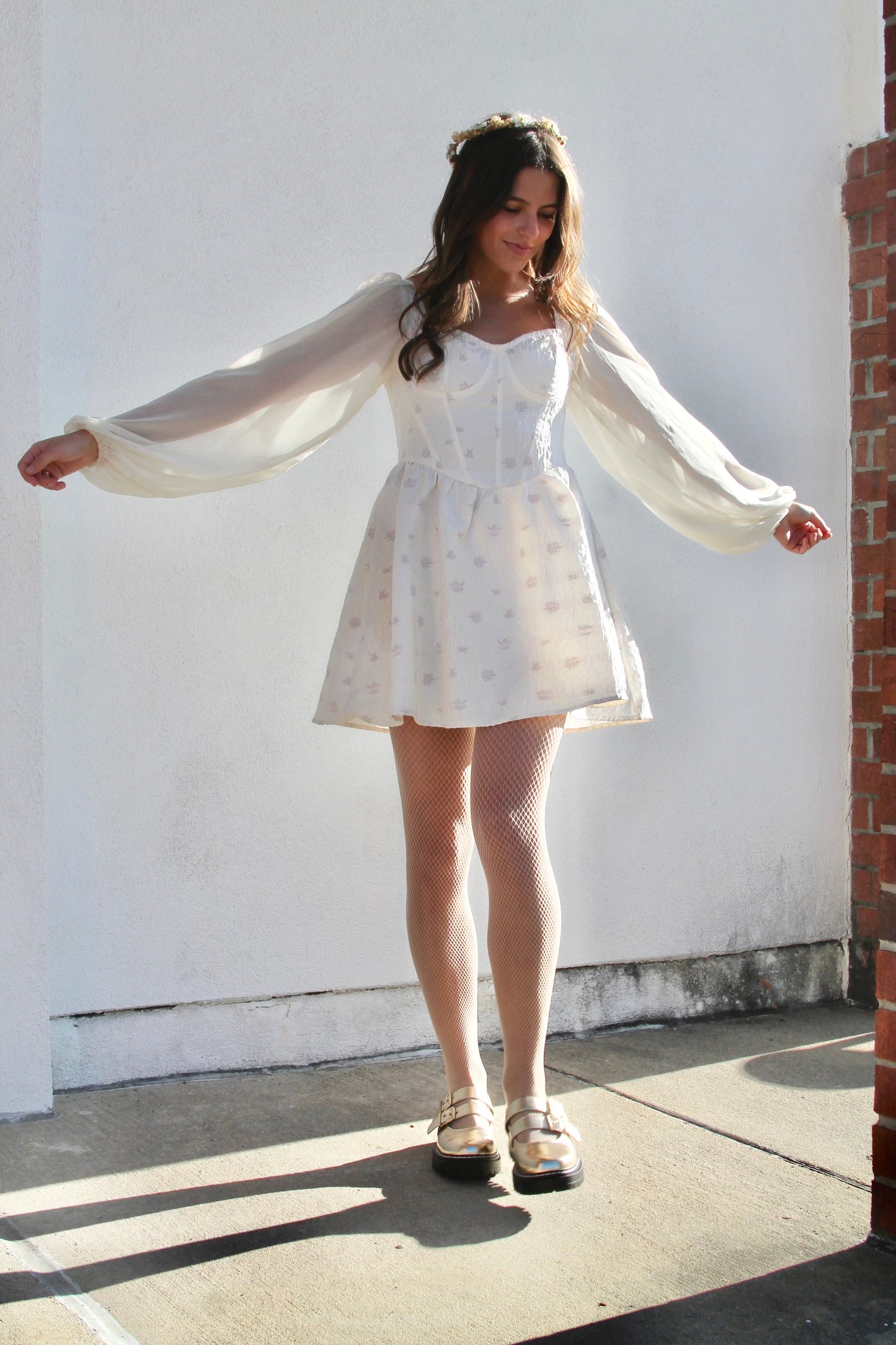 FAIRYTALE corset + sheer balloon sleeve mini dress, small