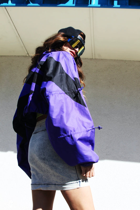 TECHNO HOTTIE retro + ultra crop windbreaker, 1X >> indigo + black