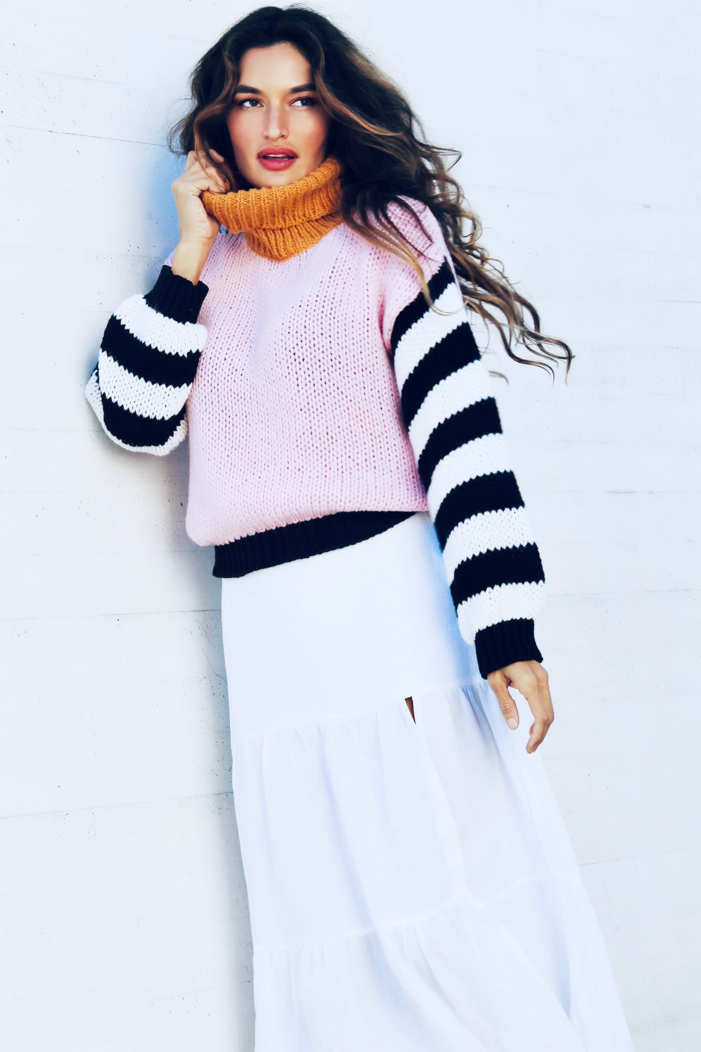 CIAO FOR NOW multi-color + striped turtle neck + cable knit sweater, medium
