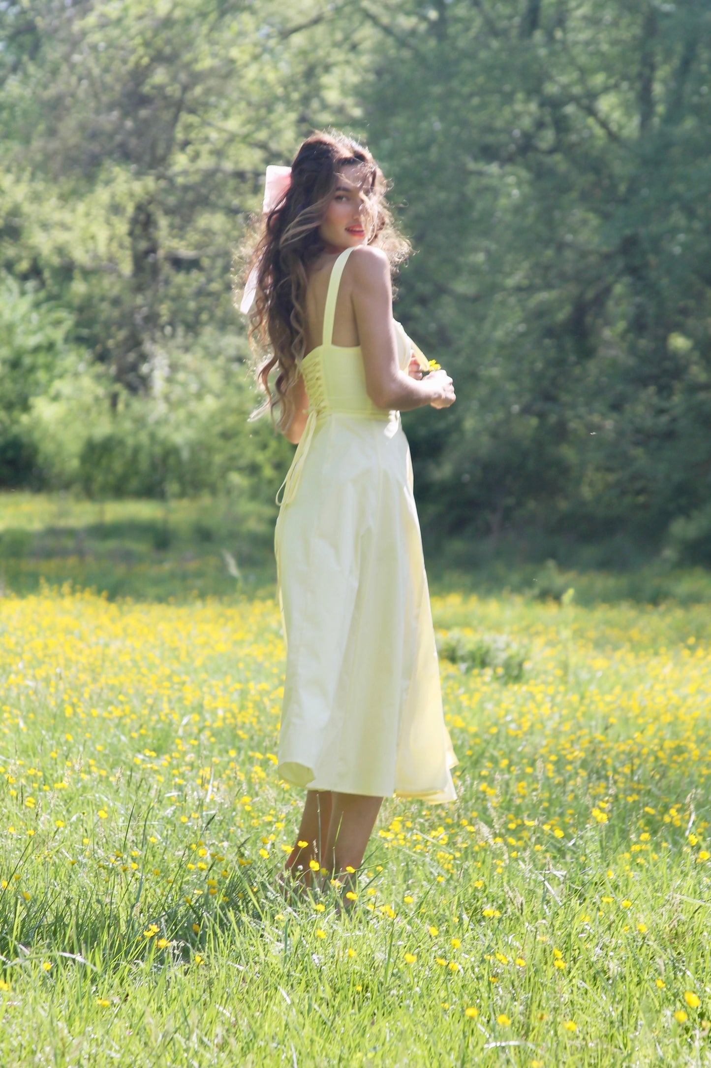 RUN FREE pale yellow lace-up corset sundress, in size small, medium & large